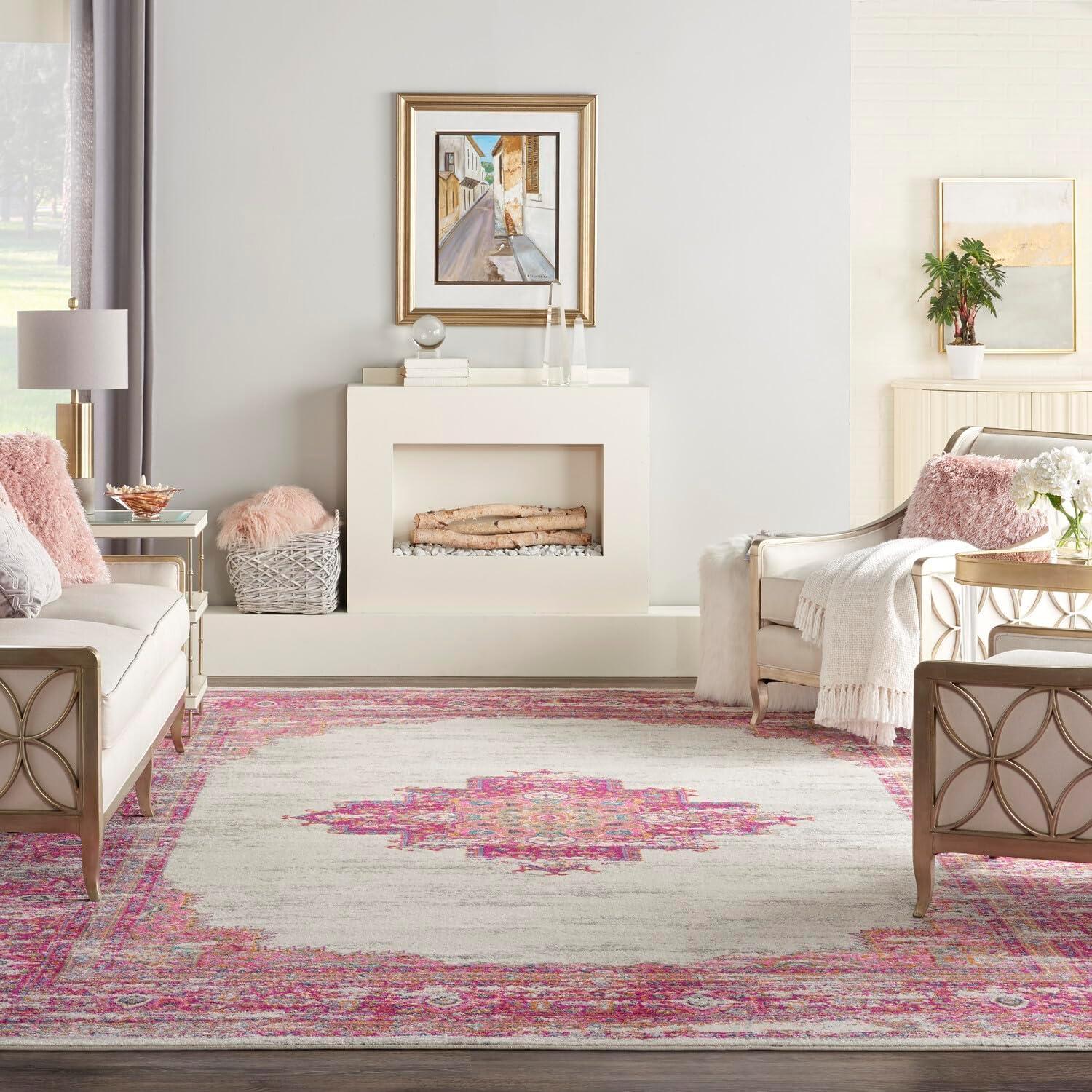 Nourison Passion Medallion Bohemian Indoor Rug Ivory/Fuchsia 12' x 15'