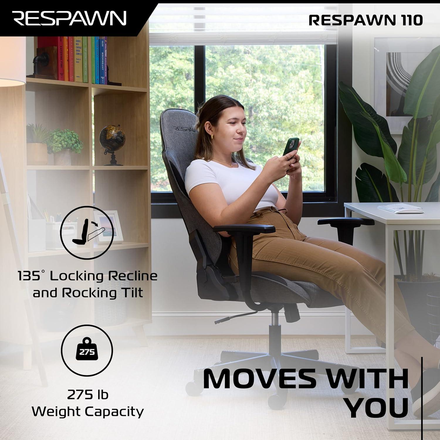 Respawn RESPAWN 110 Gaming Chair - Gamer Chair PC Computer Chair, Ergonomic Gaming Chairs, Office Chair with Integrated Headrest, Gaming Chair for Adults 135 Degree Recline with Angle Lock