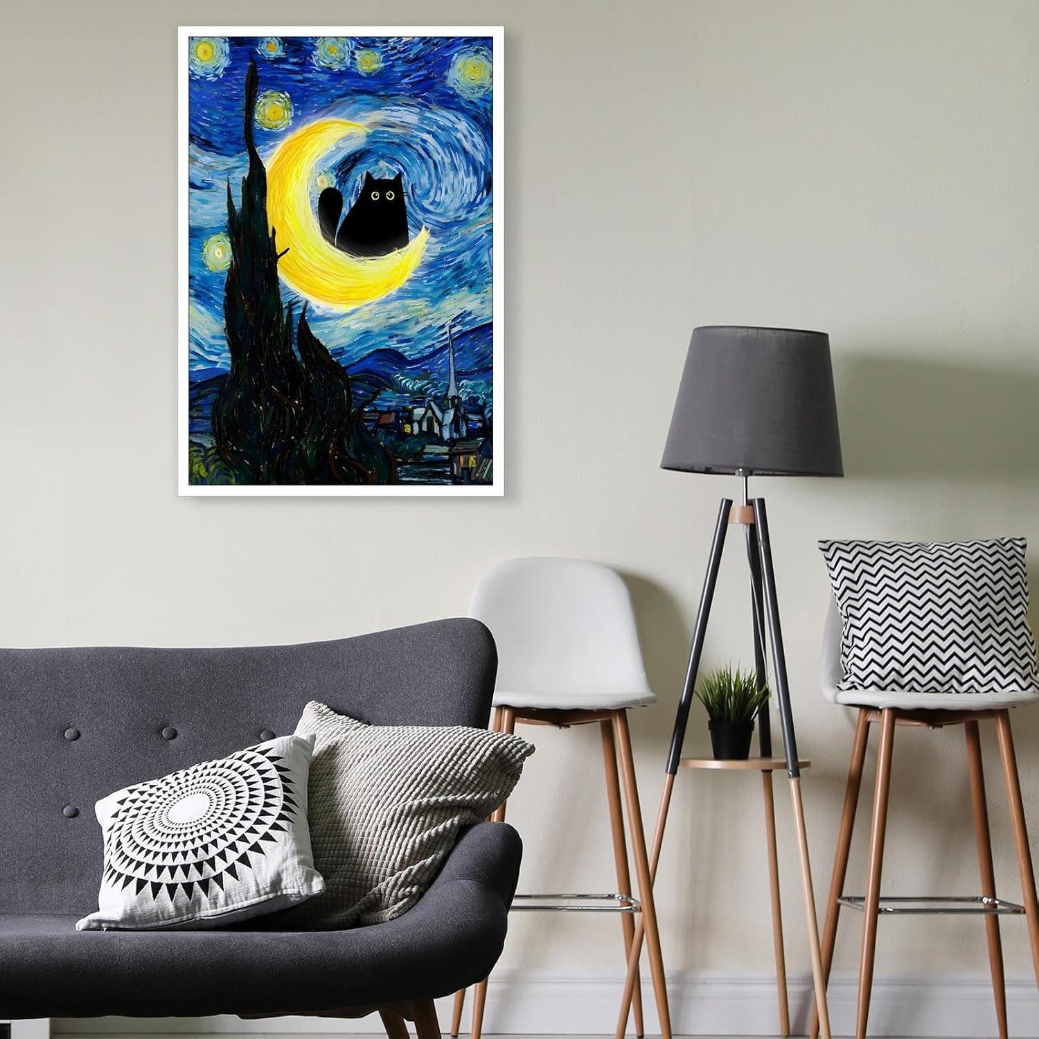 Starry Night Black Cat Canvas Wall Art 12x16