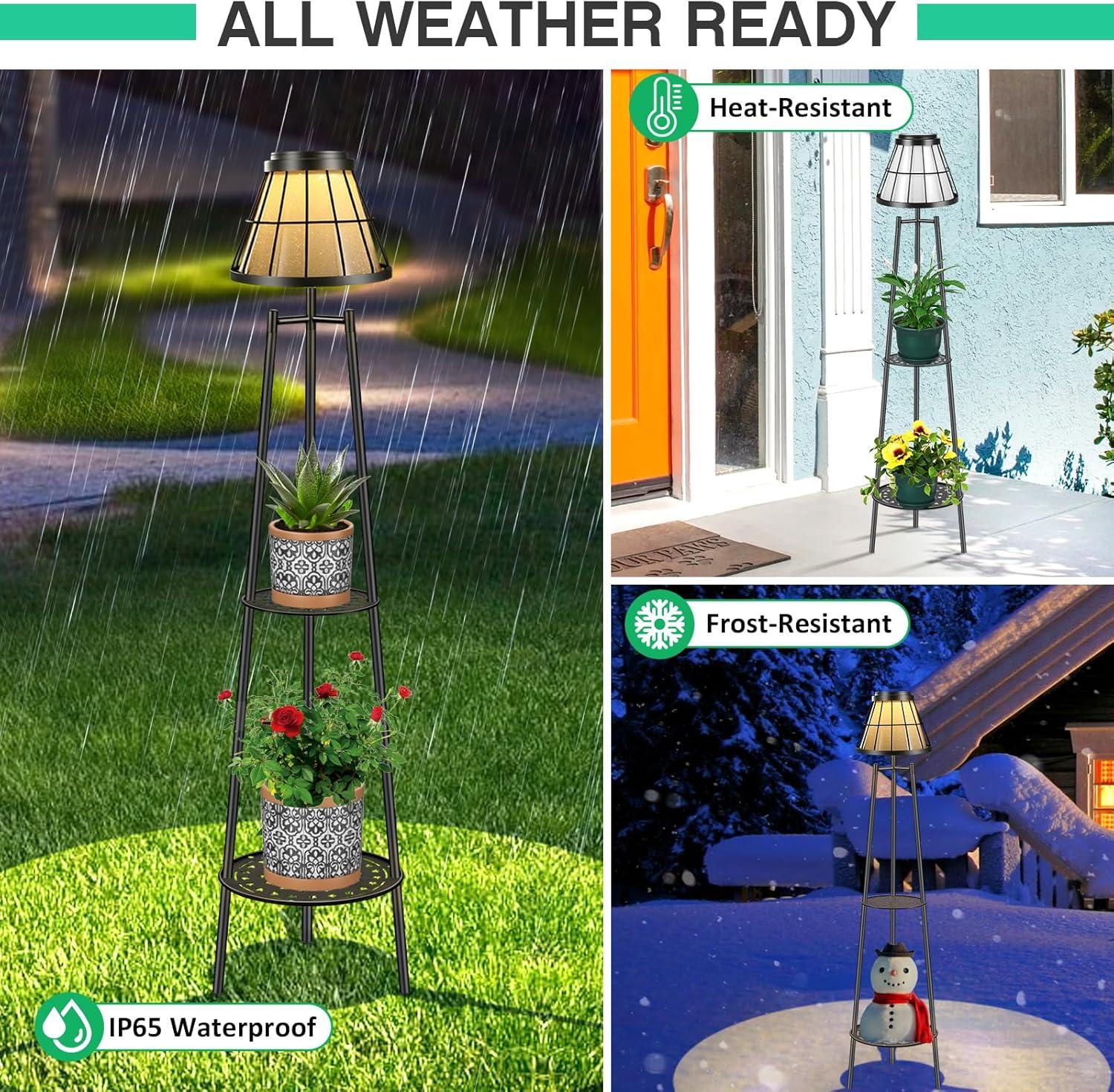 2 Pack 45.5'' Outdoor Floor Lamps with 2 Tier Plant Stand, Solar Powered Metal Waterproof Lights for Patio Deck Yard Garden Porch Decor