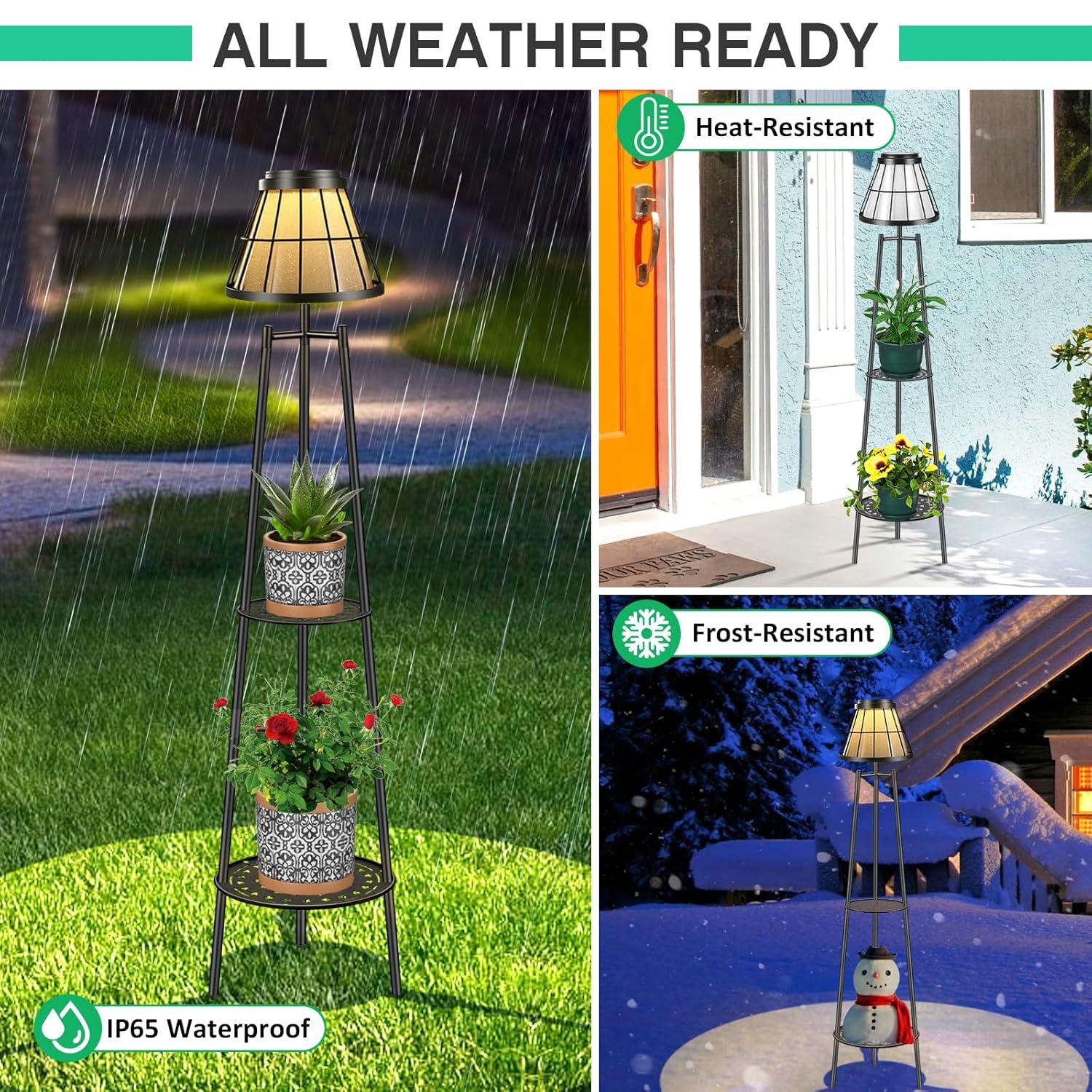 2 Pack 45.5'' Outdoor Floor Lamps with 2 Tier Plant Stand, Solar Powered Metal Waterproof Lights for Patio Deck Yard Garden Porch Decor