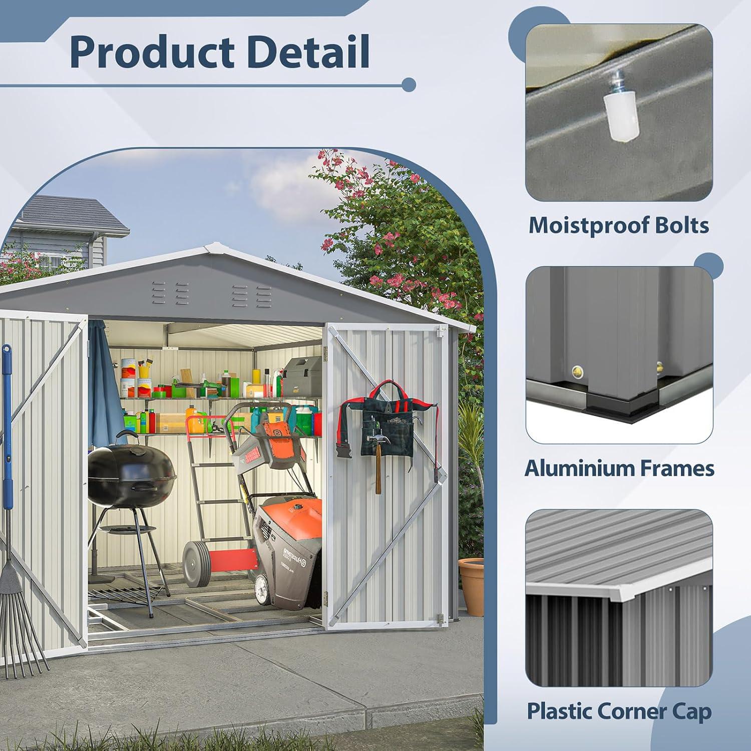 Gray Metal Outdoor Storage Shed with Lockable Doors