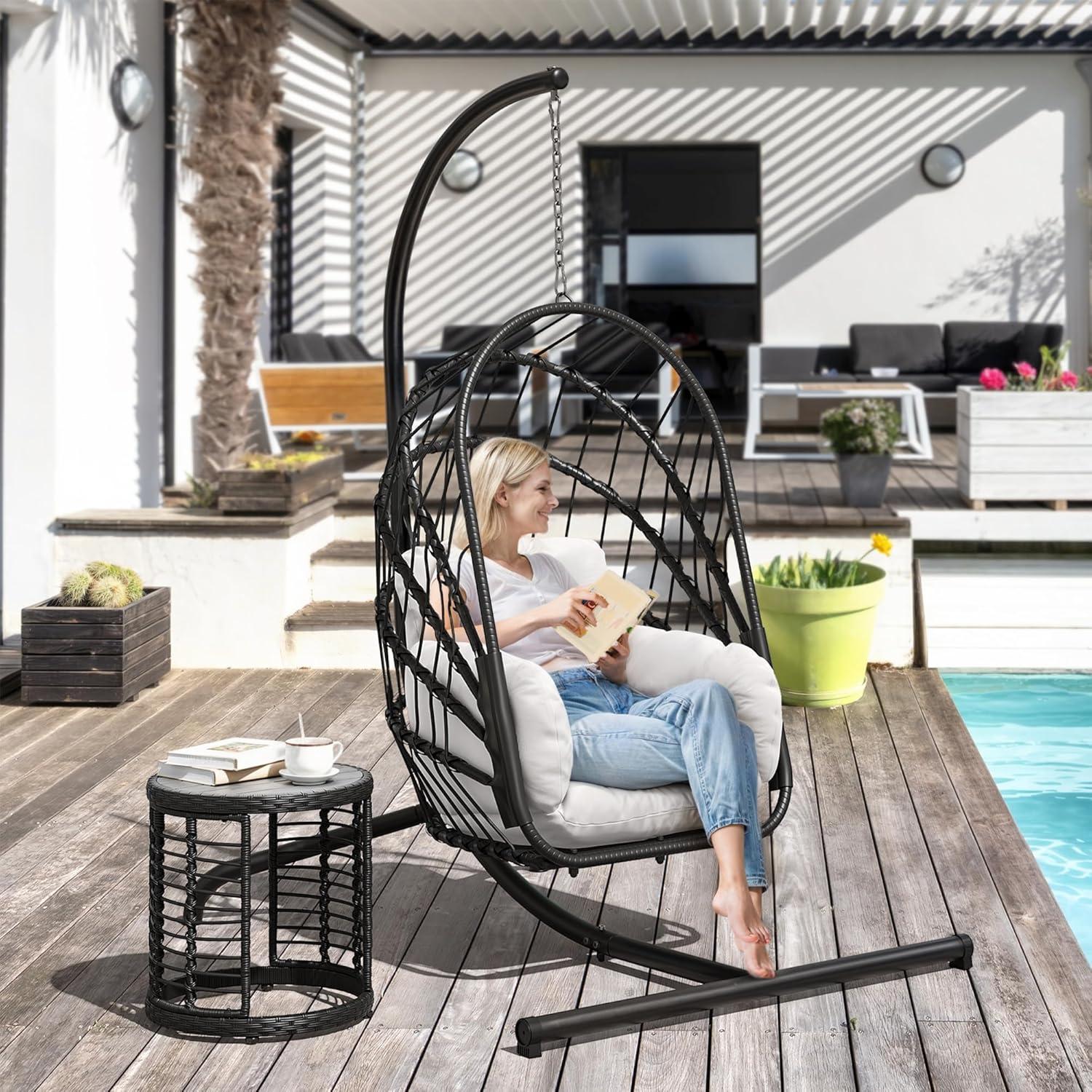 YITAHOME Hanging Egg Chair with Stand, Rattan Wicker Swing Egg Chair with Resistant Cushion, 370lbs Capacity, Foldable Hanging Basket Chair for Porch, Garden, Bedroom, Balcony - Grey