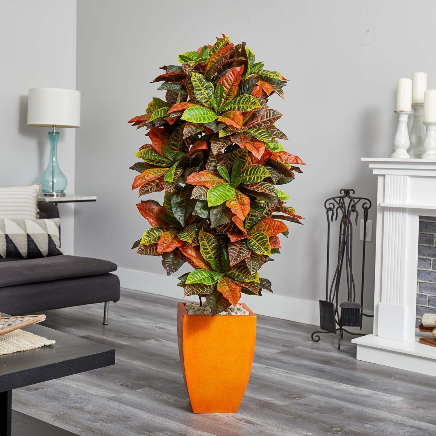 Nearly Natural 5.5-ft Croton Artificial Plant in Orange Planter (Real Touch)