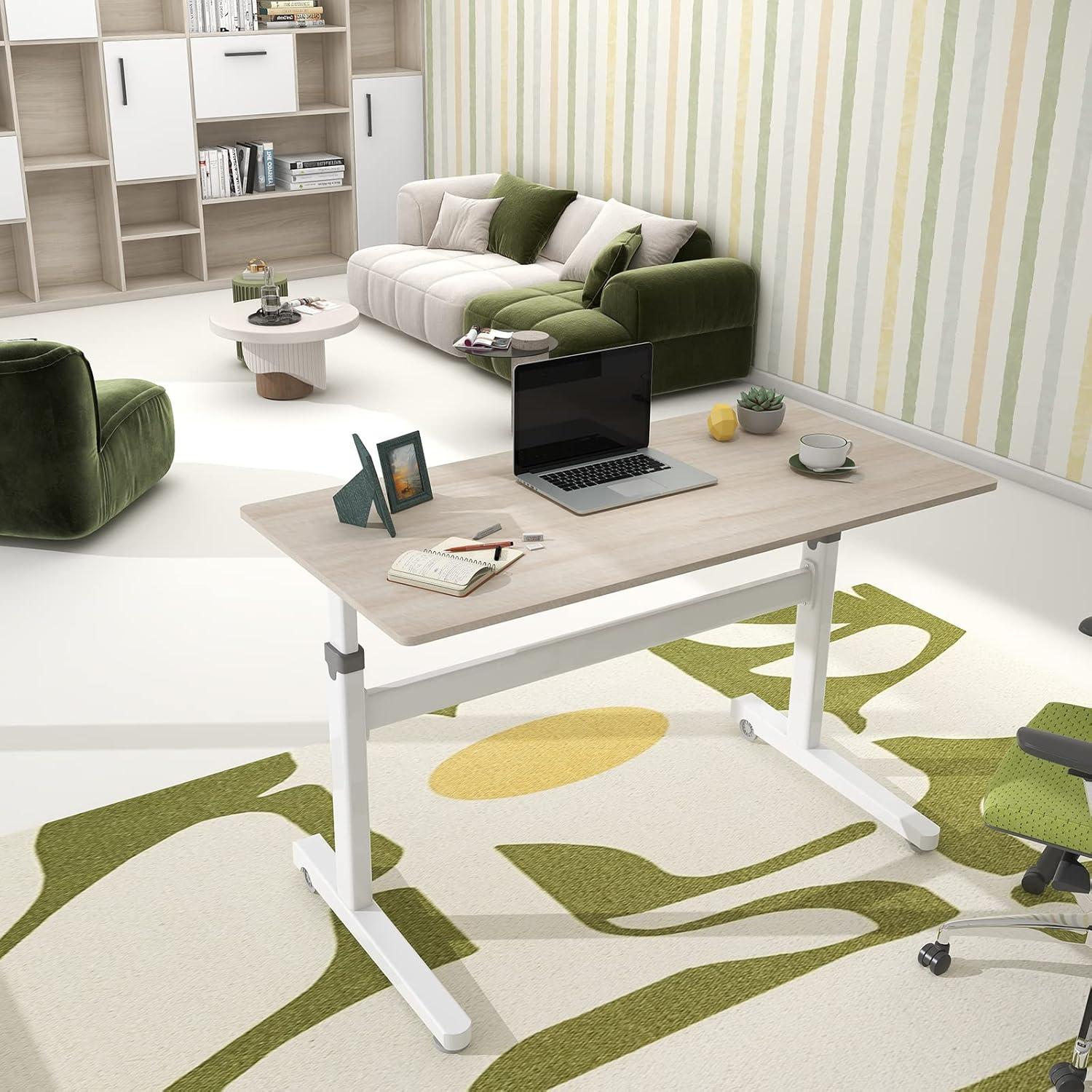 Manual Standing Desk Height Adjustable - Portable Sit to Stand Home Office Desks - Non-Electric Rising Table with Hand Crank and Rolling Wheels - 48 Inch Maple Whole Piece Wood Desktop