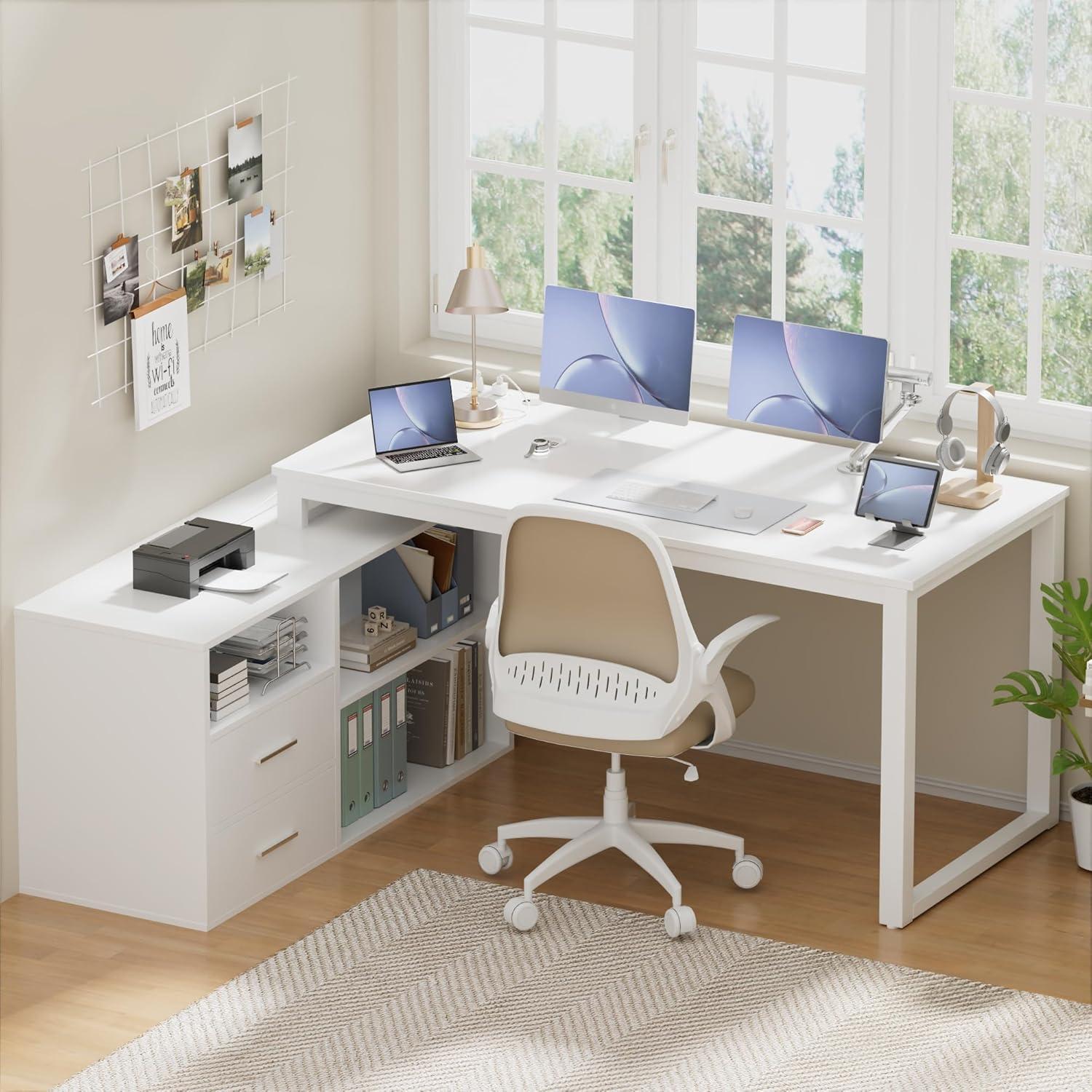 Furmax 55 Inch L-Shaped Corner Computer Desk with File Cabinet, Power Outlet, Home Office Desk with 2 Drawers and 3 Storage Shelve, Workstation Executive Desk with Storage Shelf for Home Office, White