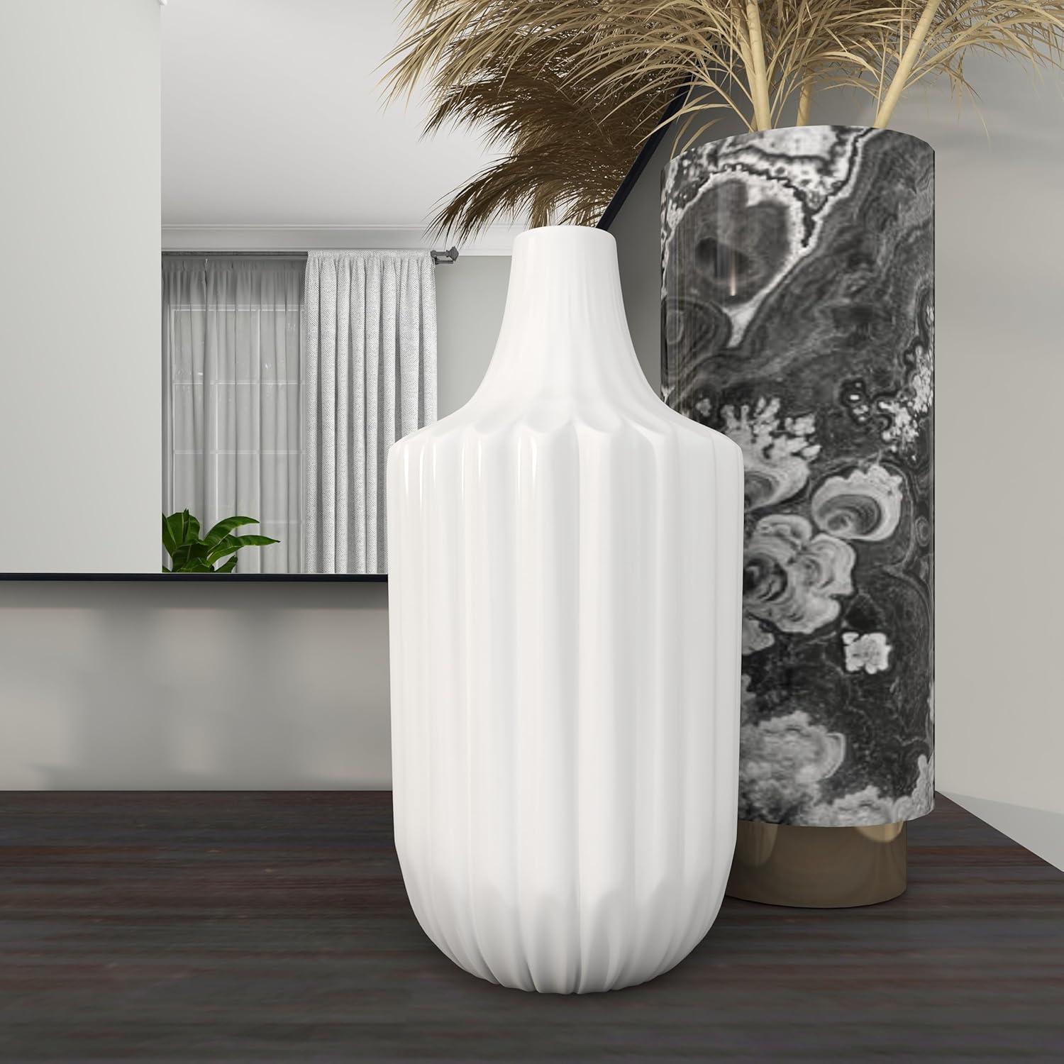 DecMode 13" Stripe Texture White Ceramic Vase