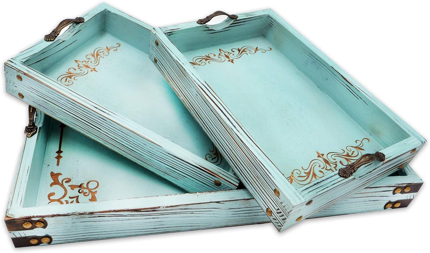 Vintage Aqua Blue Rustic Fir Wood Serving Tray Set with Handles