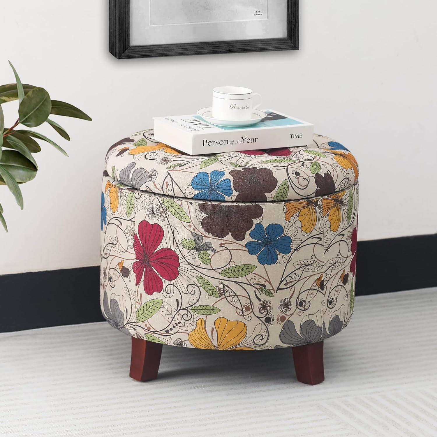 Floral Multicolor Tufted Round Storage Ottoman with Wooden Legs