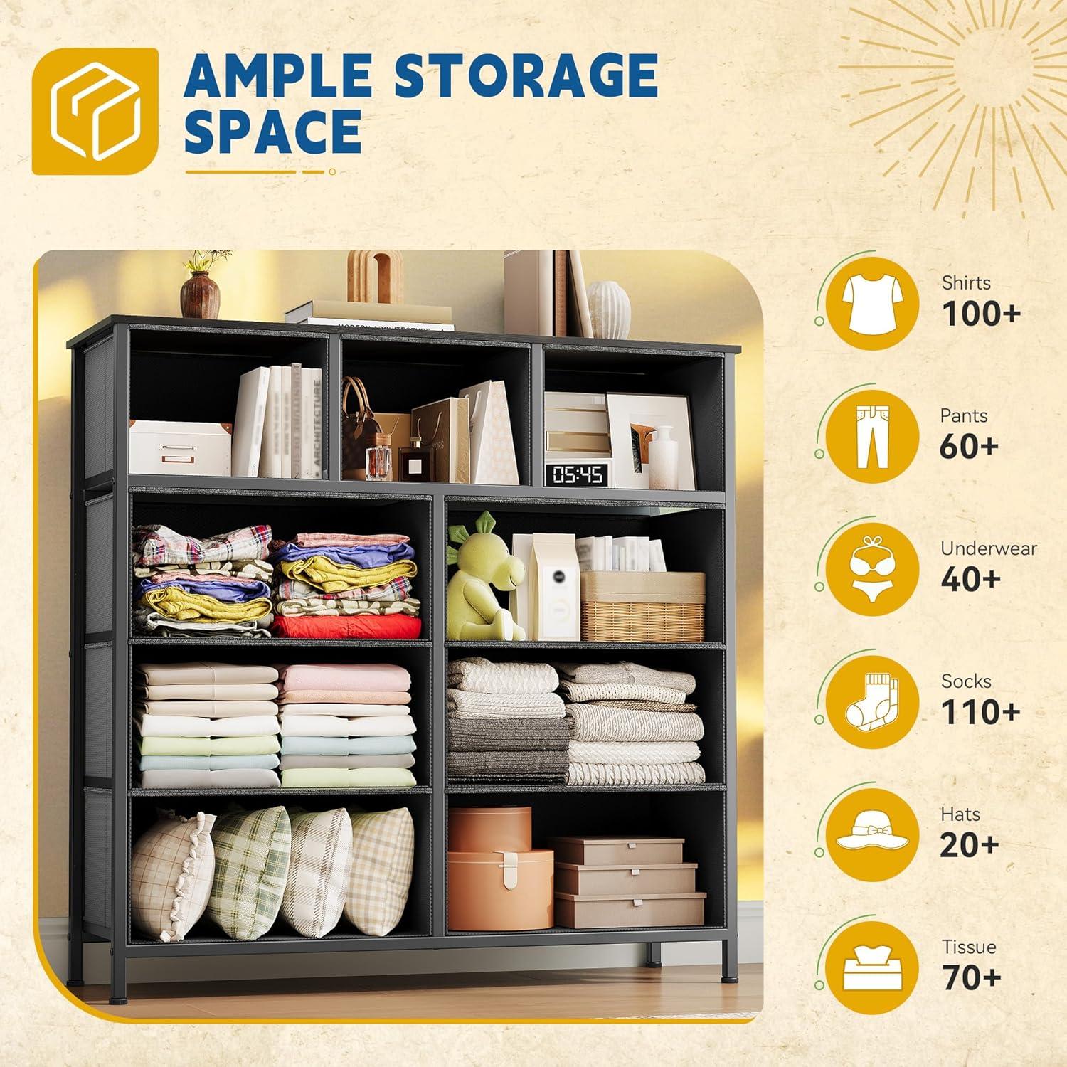 YITAHOME Dresser with 9 Drawers - Fabric Storage Tower, Organizer Unit for Living Room, Hallway, Closets - Sturdy Steel Frame, Wooden Top & Easy Pull Fabric Bins (Charcoal Black Wood Grain)