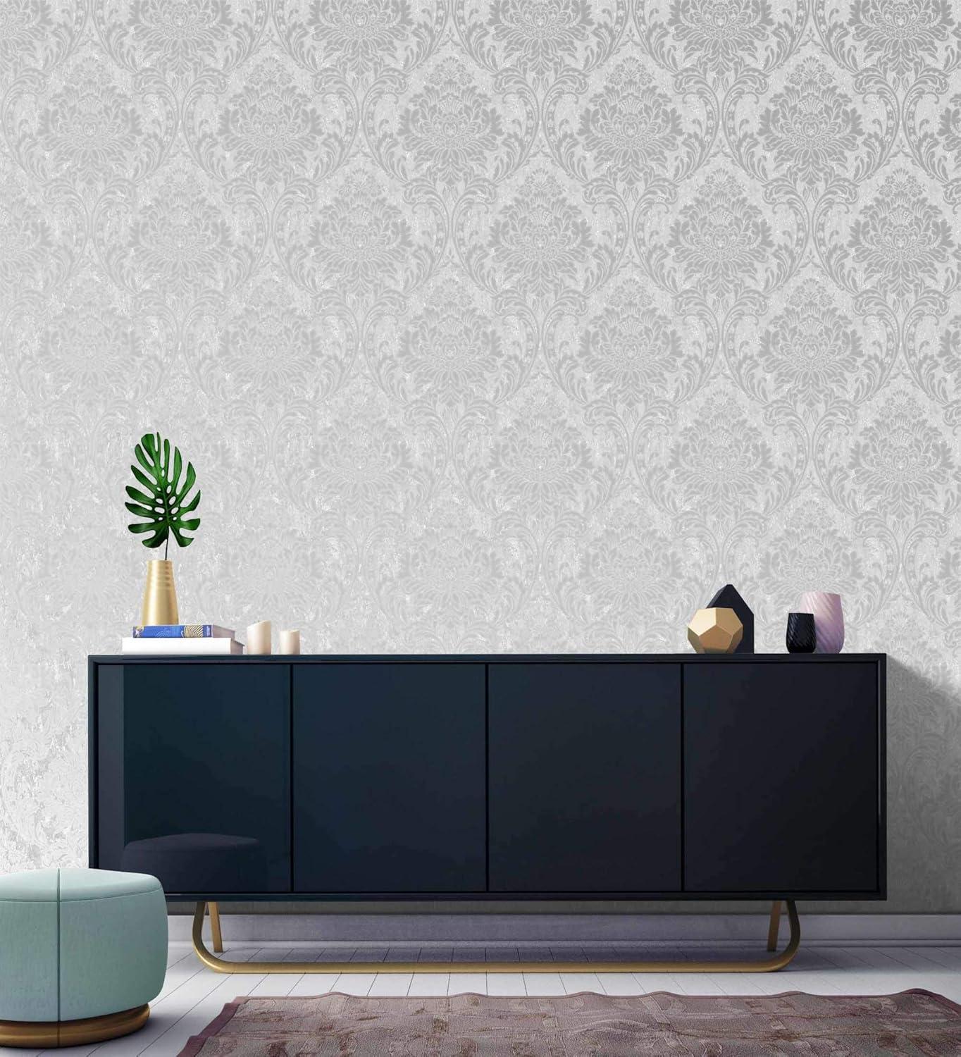 Milan Damask Grey and Rose Gold Textured Wallpaper