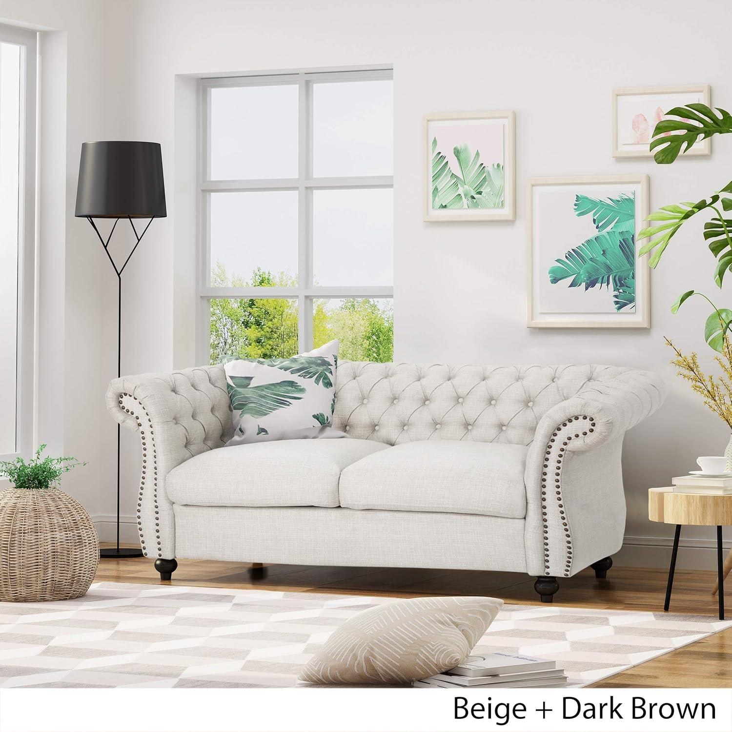 Somerville Traditional Chesterfield Loveseat Beige - Christopher Knight Home: Upholstered, Nailhead Trim, Wood Frame