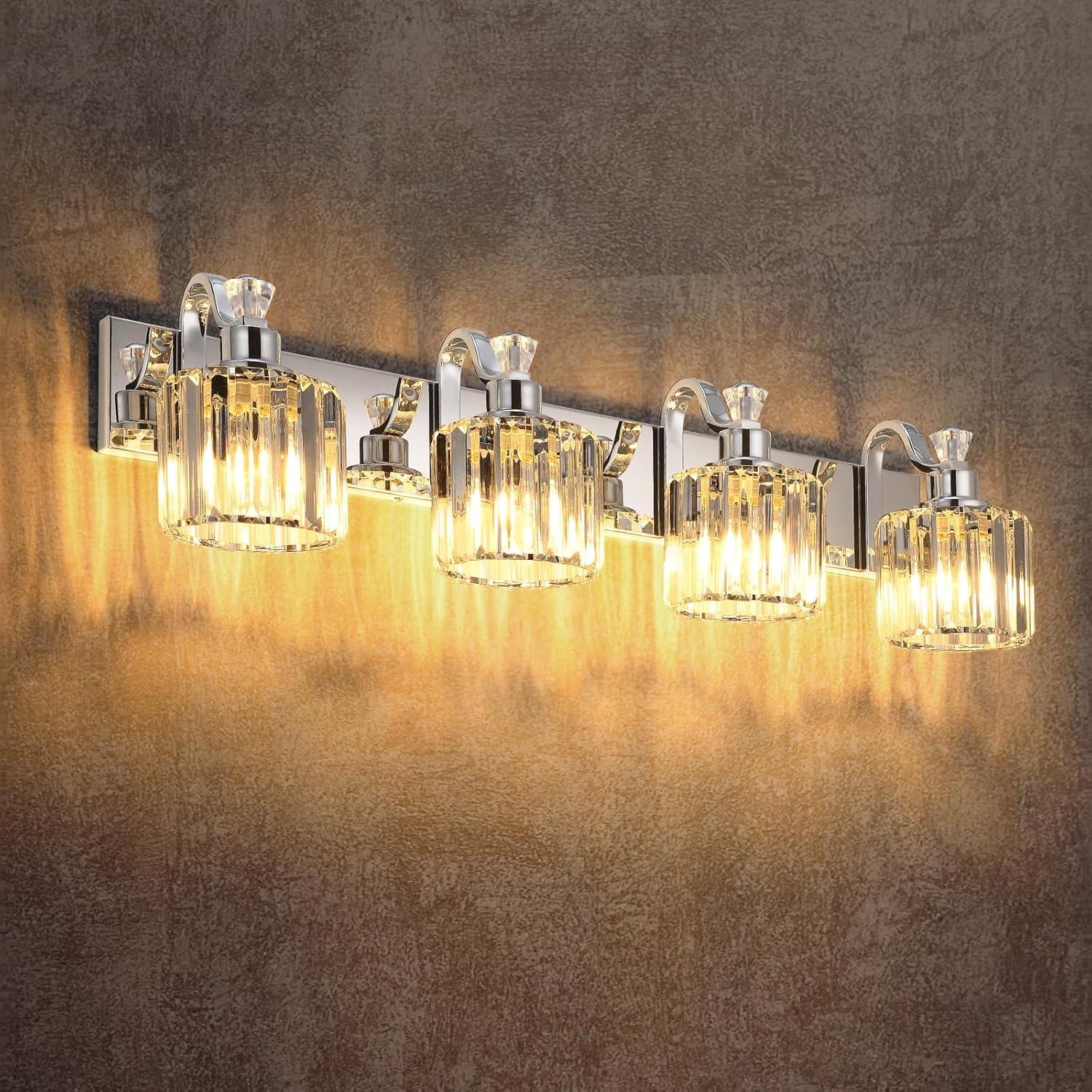 GAOMON LED Modern Crystal Bathroom Vanity Lights Over Mirror, Chrome Bathroom Light Fixtures Wall Light (4-Light)