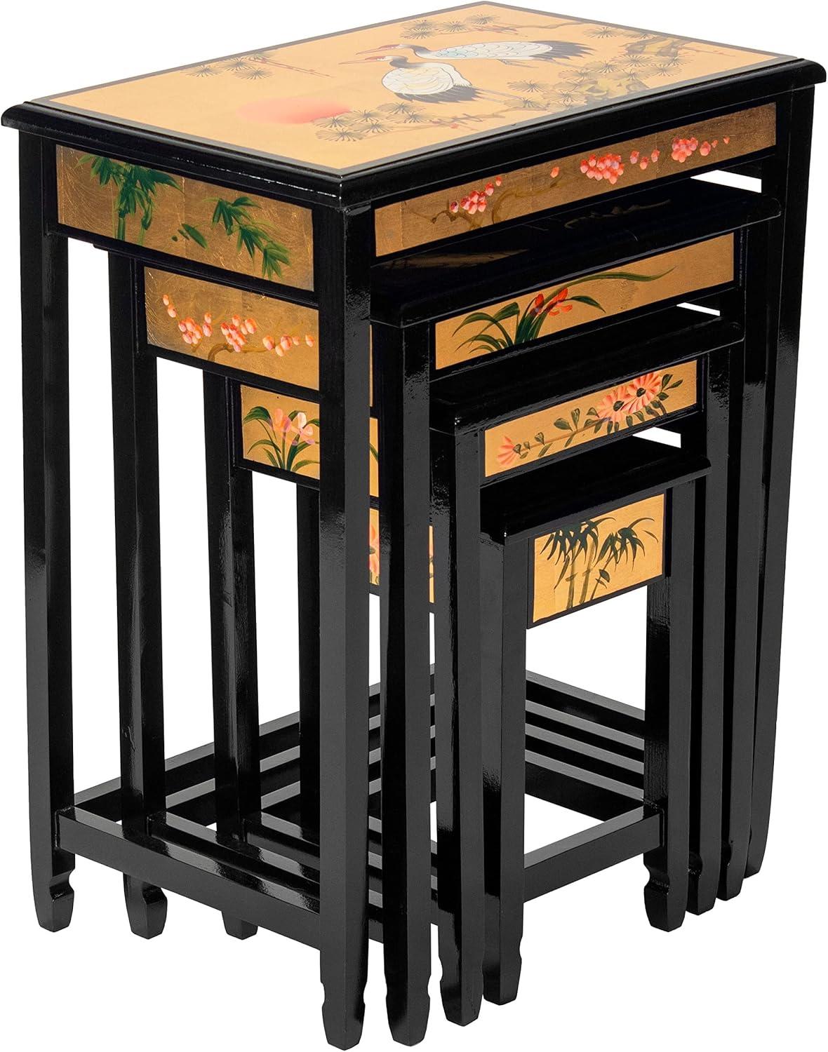 Gold Lacquer Cranes Design Nesting Tables Set