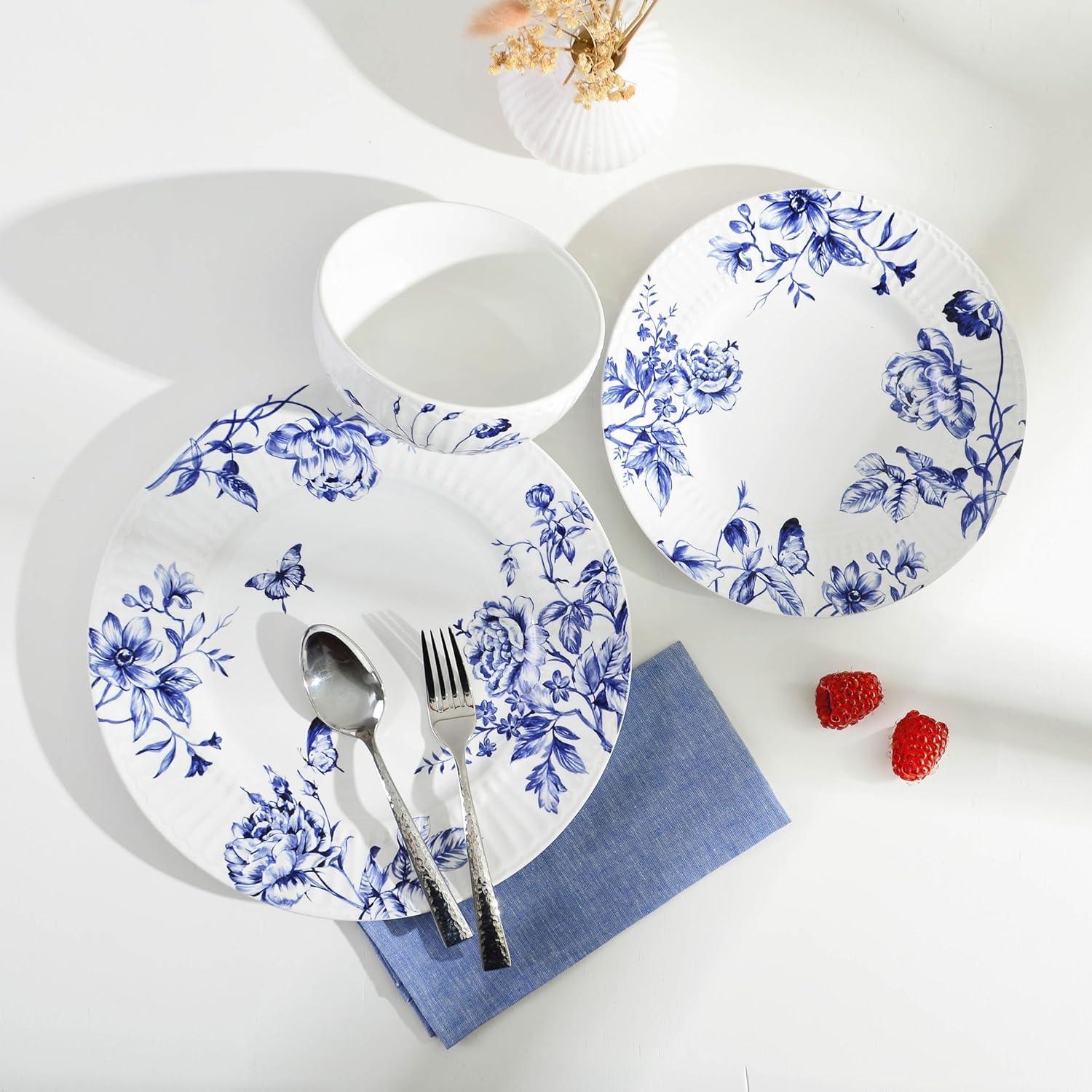 222 Fifth 222 Fifth Cassian Embossed Toile Blue Porcelain Dinnerware Set - Service For 4 (Set of 12)