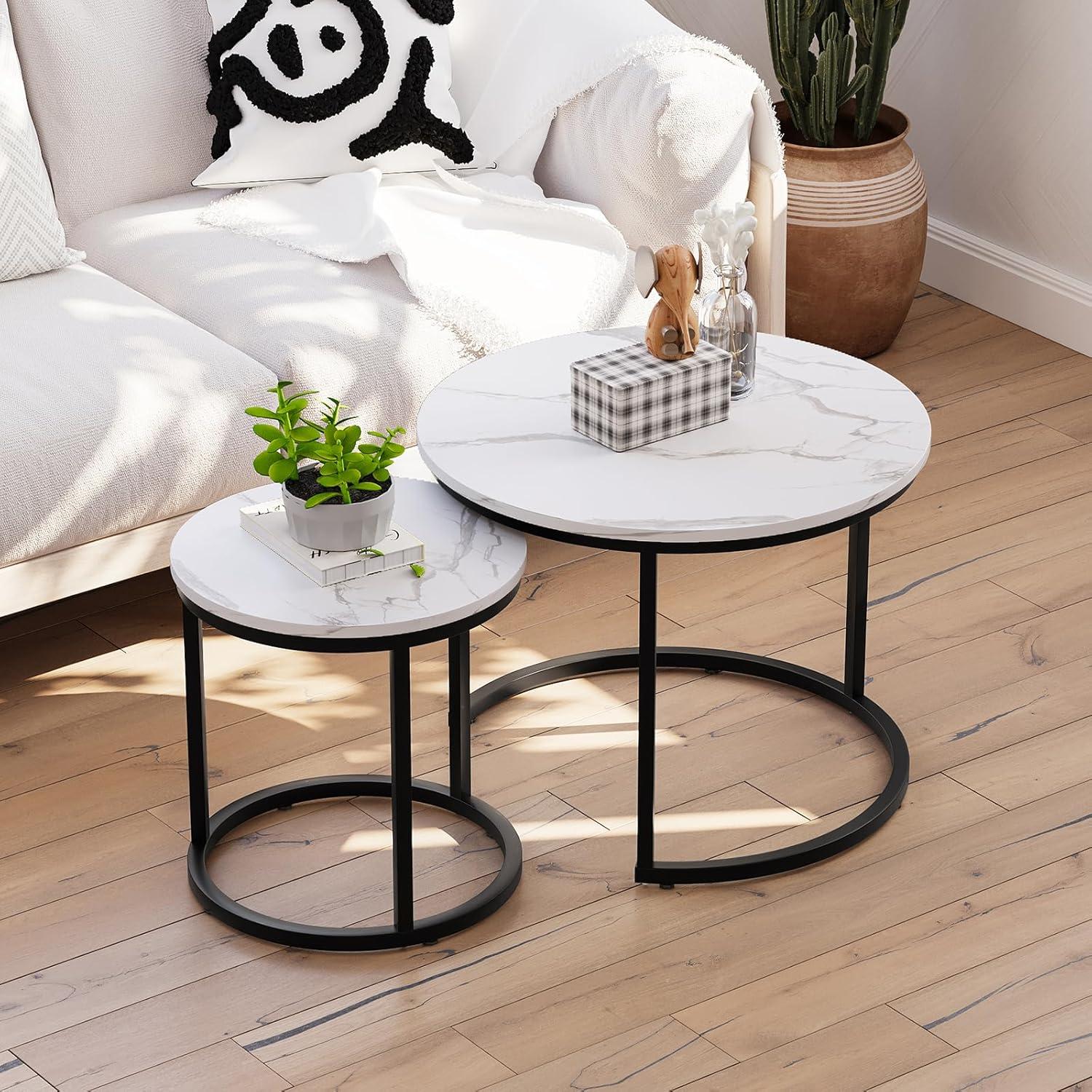 White Nesting Coffee Table Set of 2, 23.6" Round Coffee Table Wood Grain Top with Adjustable Non-Slip Feet, Industrial End Table Side Tables for Living Room Bedroom Balcony Yard