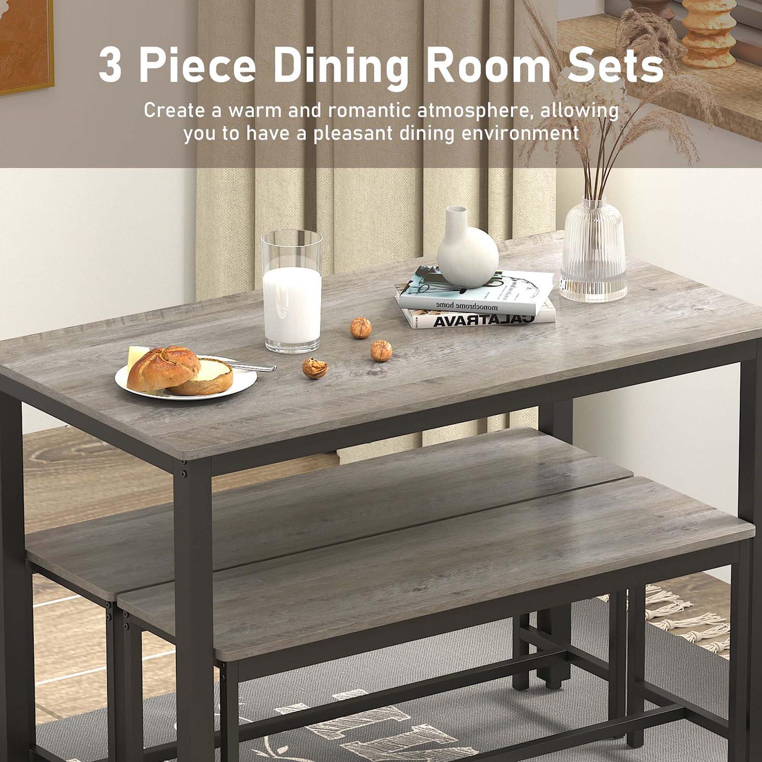 Gray Wood and Steel 3-Piece Dining Set with Benches