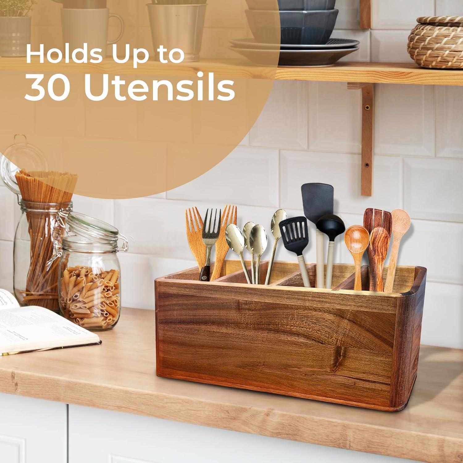 Large Kitchen Utensil Holder Organizer for Counter or Countertop, Large Wooden Utensil Holder for Storage Cooking and Silverware with 3 Compartment, Acacia Rustic Wood Container Extra Large