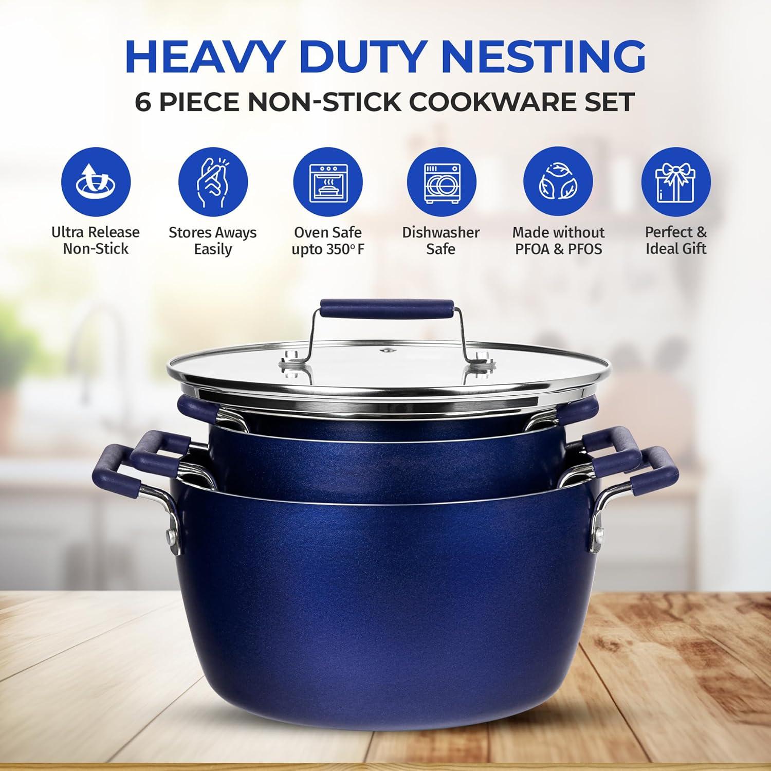 Granitestone 6 Piece Stackable Nonstick Nesting Pots with Lids, Dishwasher Safe