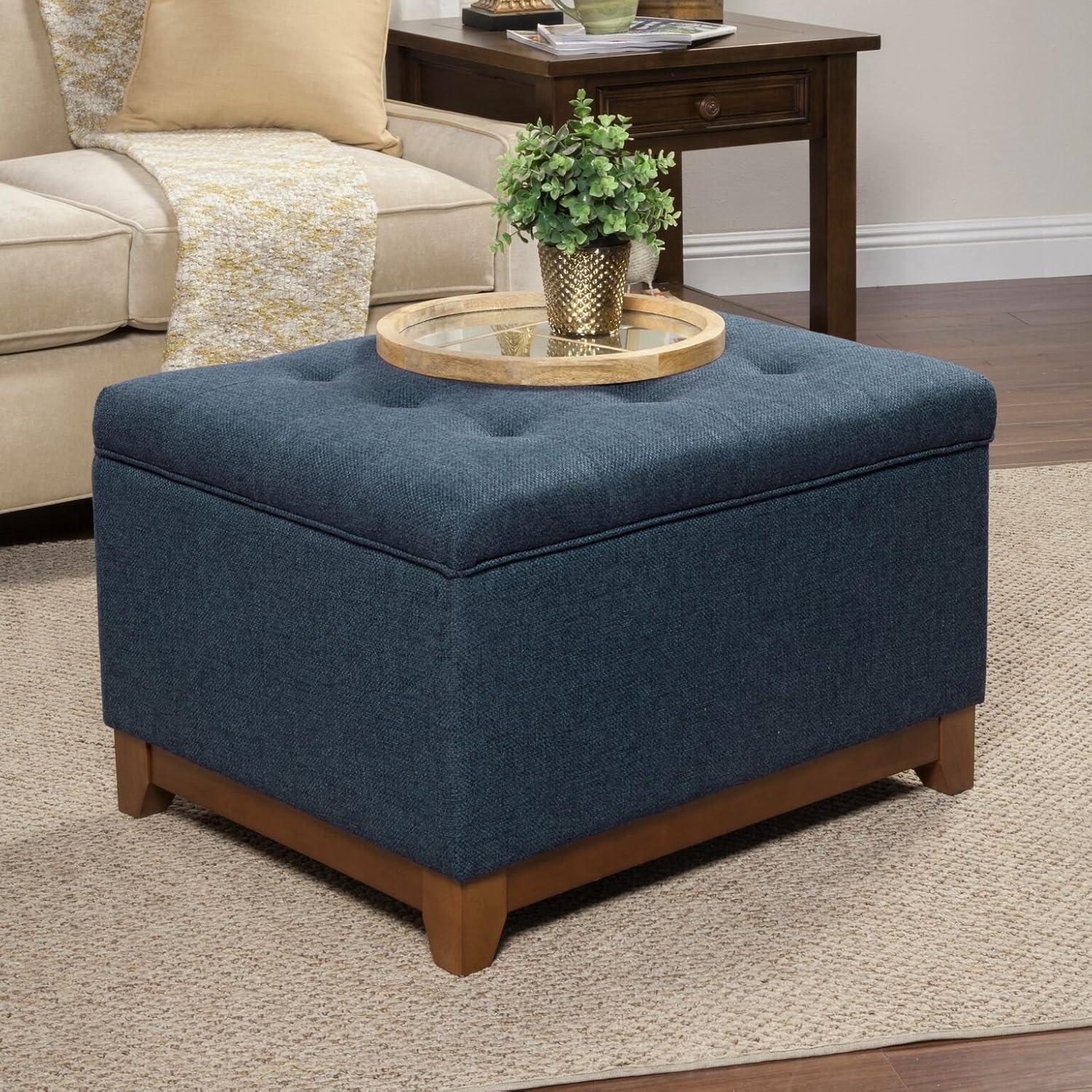 Cocktail Storage Bench Navy - HomePop: Upholstered, Tufted, Wood Base, Honey Oak Finish