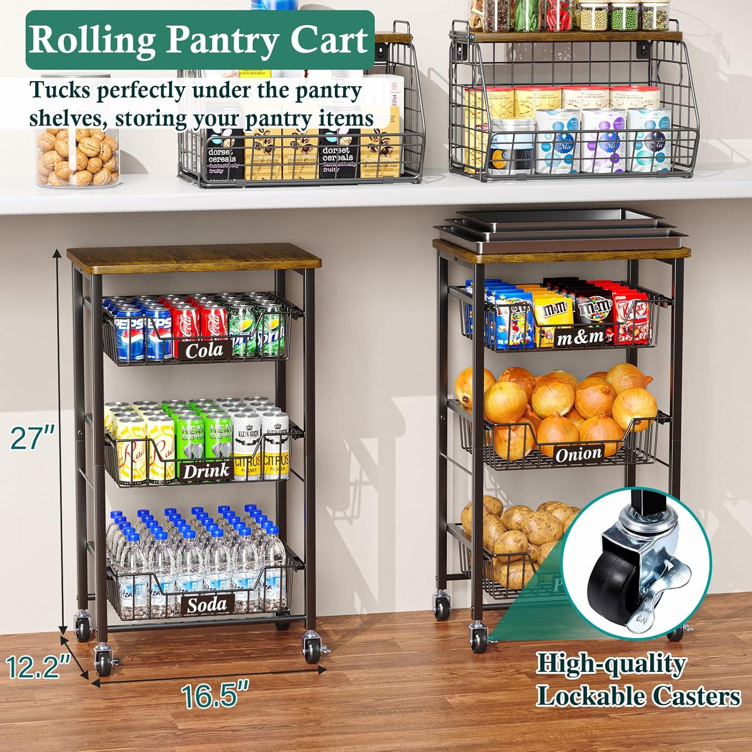 Small Kitchen Storage Cart On Wheels, Metal Fruit Basket Stand With Pull-Out Baskets & Wood Top For Potato Onion Produce Snack Veggies,(4-Tier /Black+ Rustic Board)