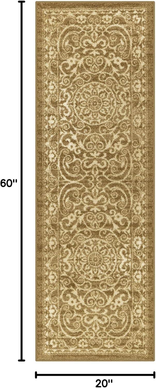 Vintage Scroll Design Khaki Synthetic Runner Rug
