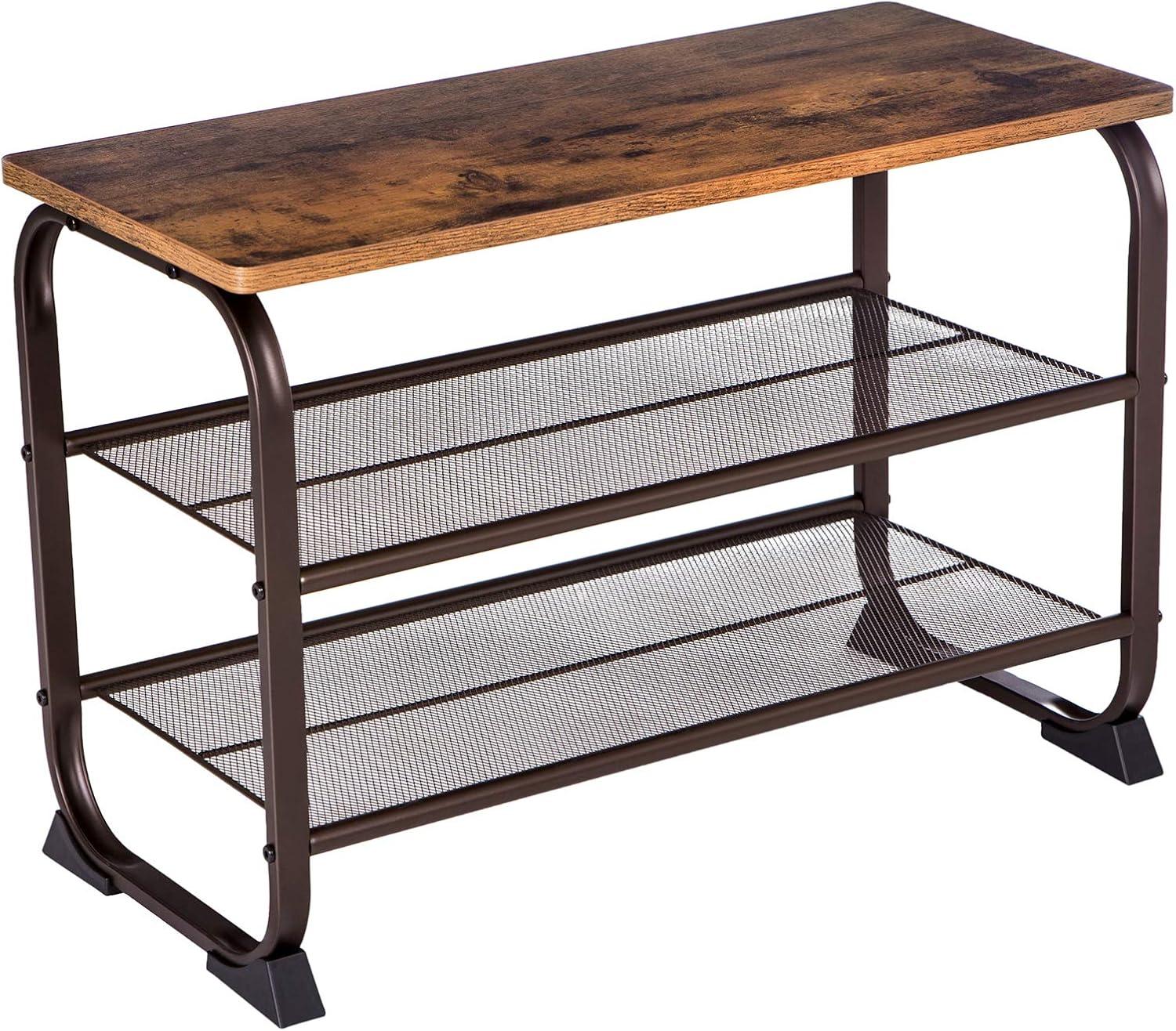 Rustic Brown Steel Frame 3-Tier Shoe Bench with Storage