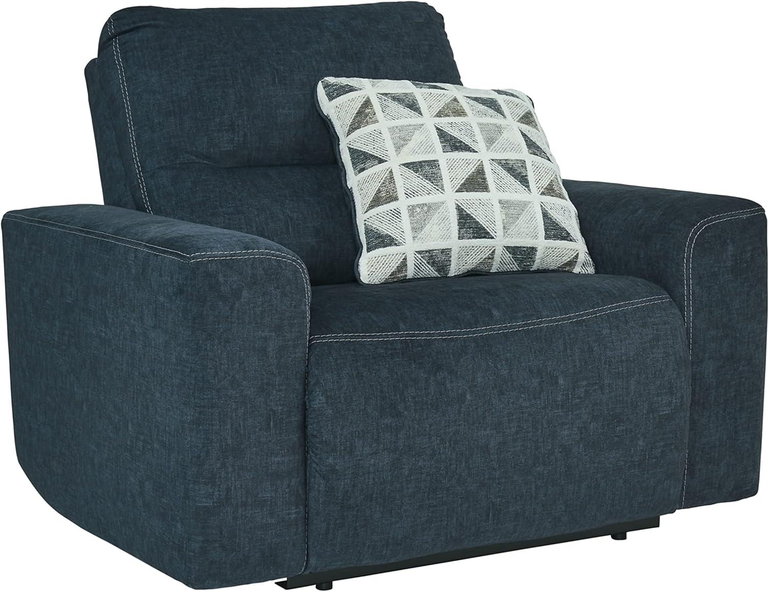 Contemporary Velvet Blue Oversized Recliner with Geometric Pillow