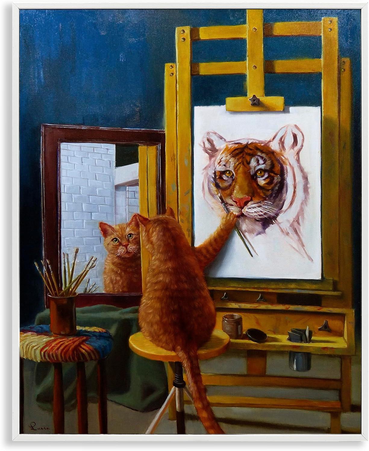 White Framed Cat Painting Self Portrait as Tiger, 11 x 14