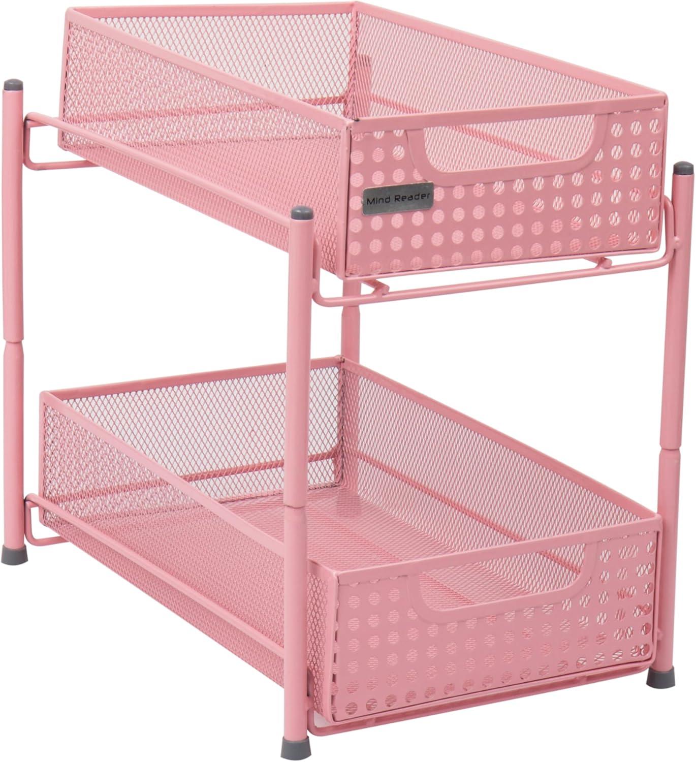 Pink 2-Tier Metal Mesh Organizer with Slide-Out Baskets