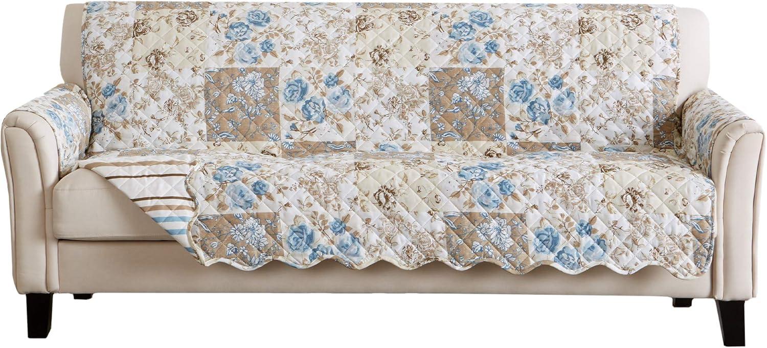 Taupe and Blue Reversible Floral Patchwork Sofa Protector