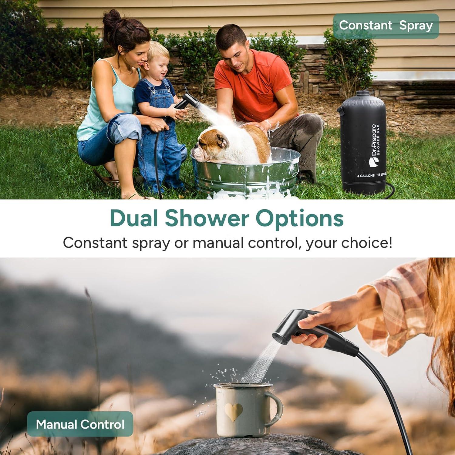 Black PVC Portable Camping Shower with Foot Pump, 5 Gallons