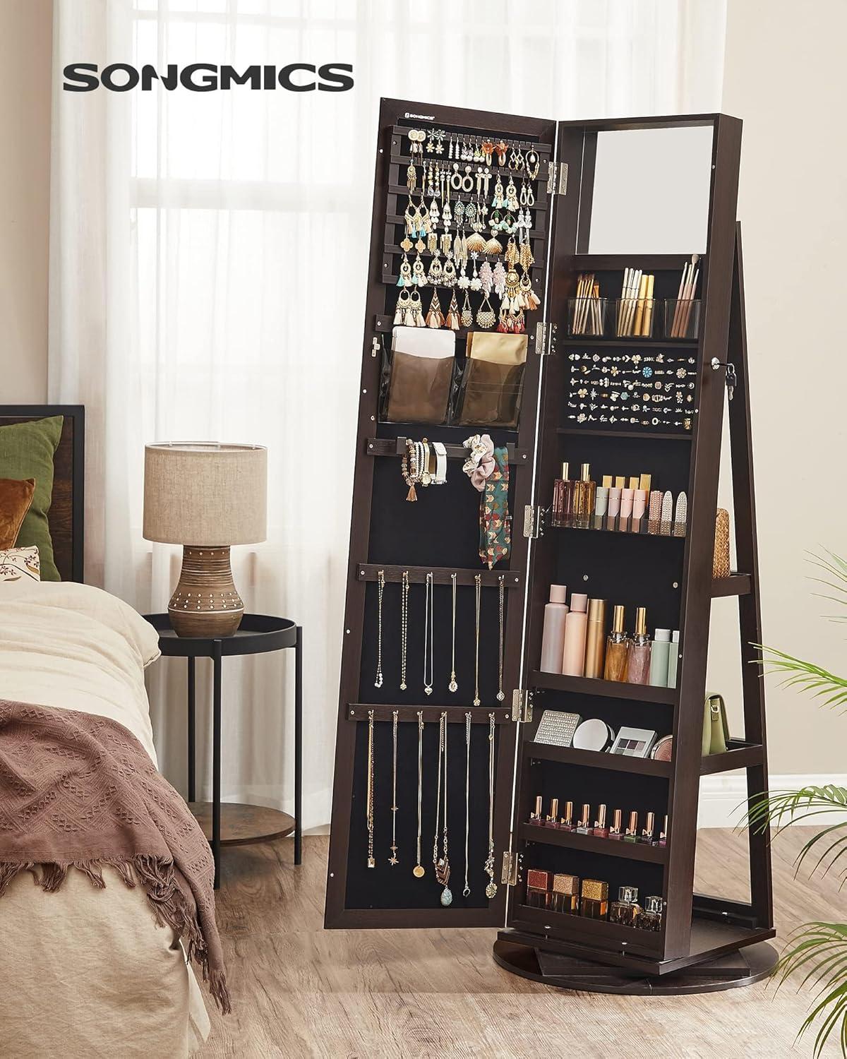 360° Swivel Jewelry Cabinet with Full Length Mirror Modern Adult Accessory Armoire, Brown