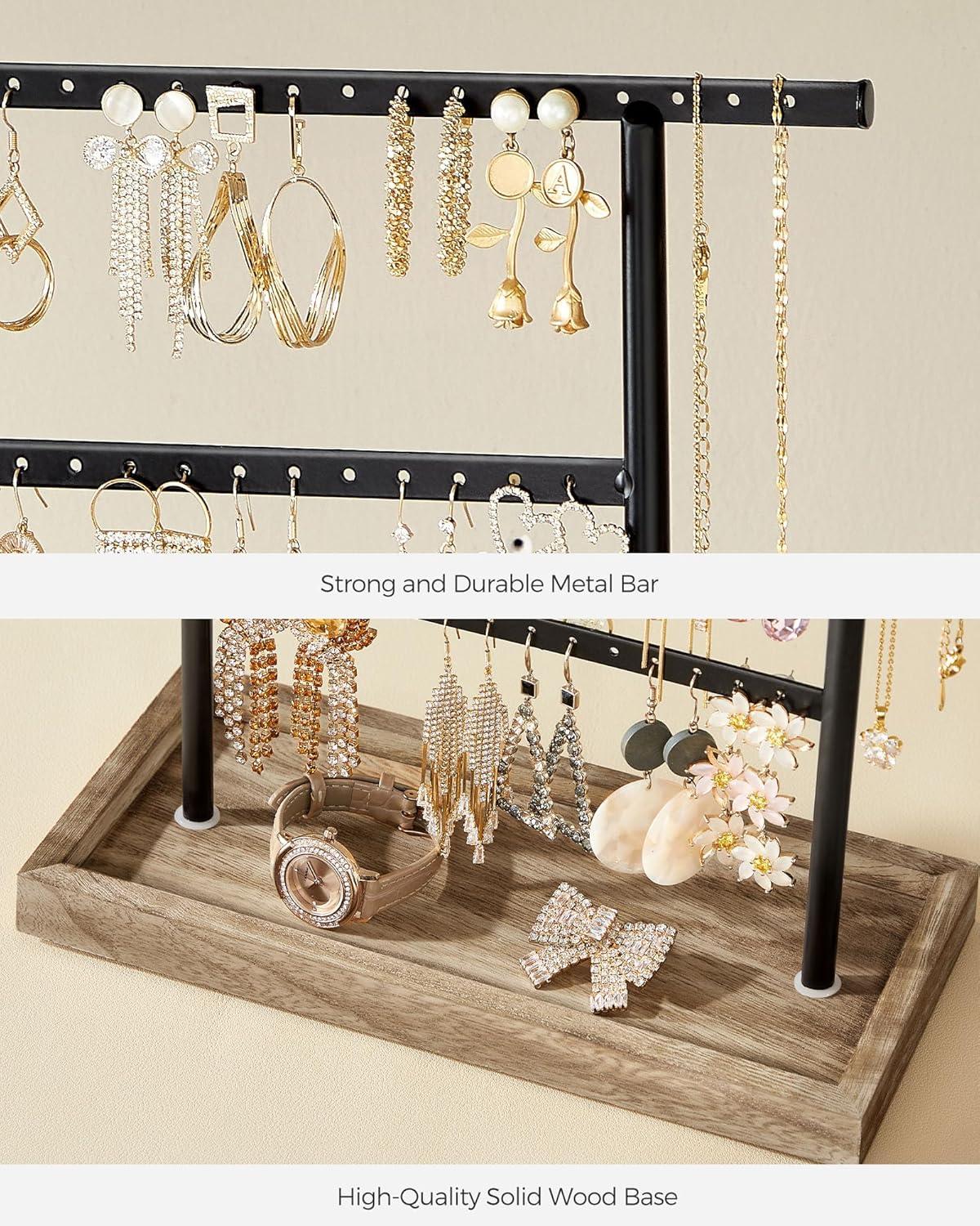 SONGMICS Jewelry Organizer, 4-Tier Earring Holder Organizer Stand with Base Tray, for Studs and Necklaces, Vintage, Wood Color and Black UJJS019B01