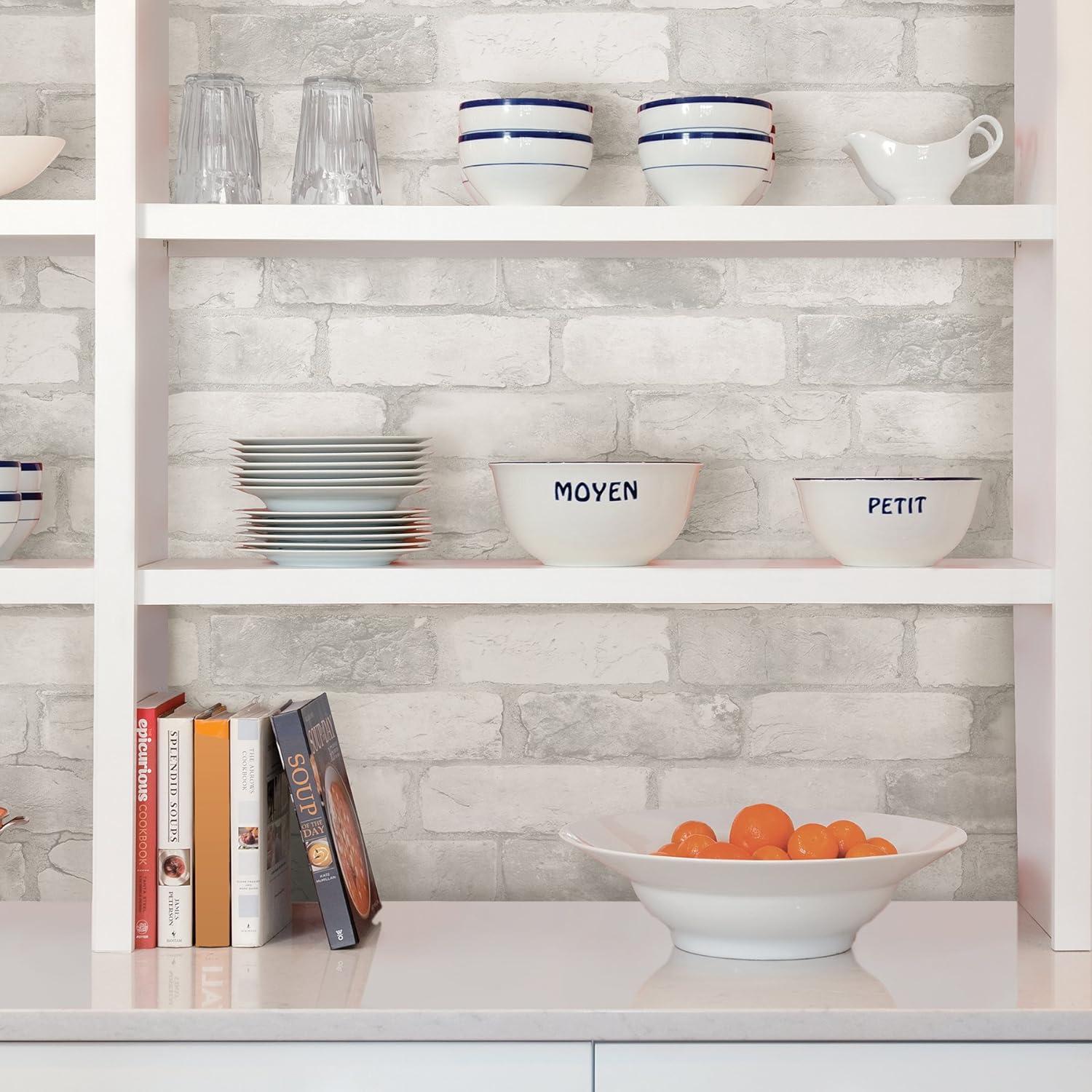 NuWallpaper Loft White Brick Raised Ink Vinyl Peel And Stick Wallpaper, 216-in by 20.5-in, 30.75 sq. ft.