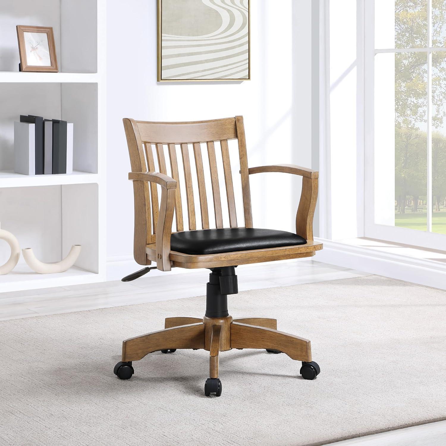 Adjustable Fruitwood Swivel Banker's Chair with Black Vinyl Seat