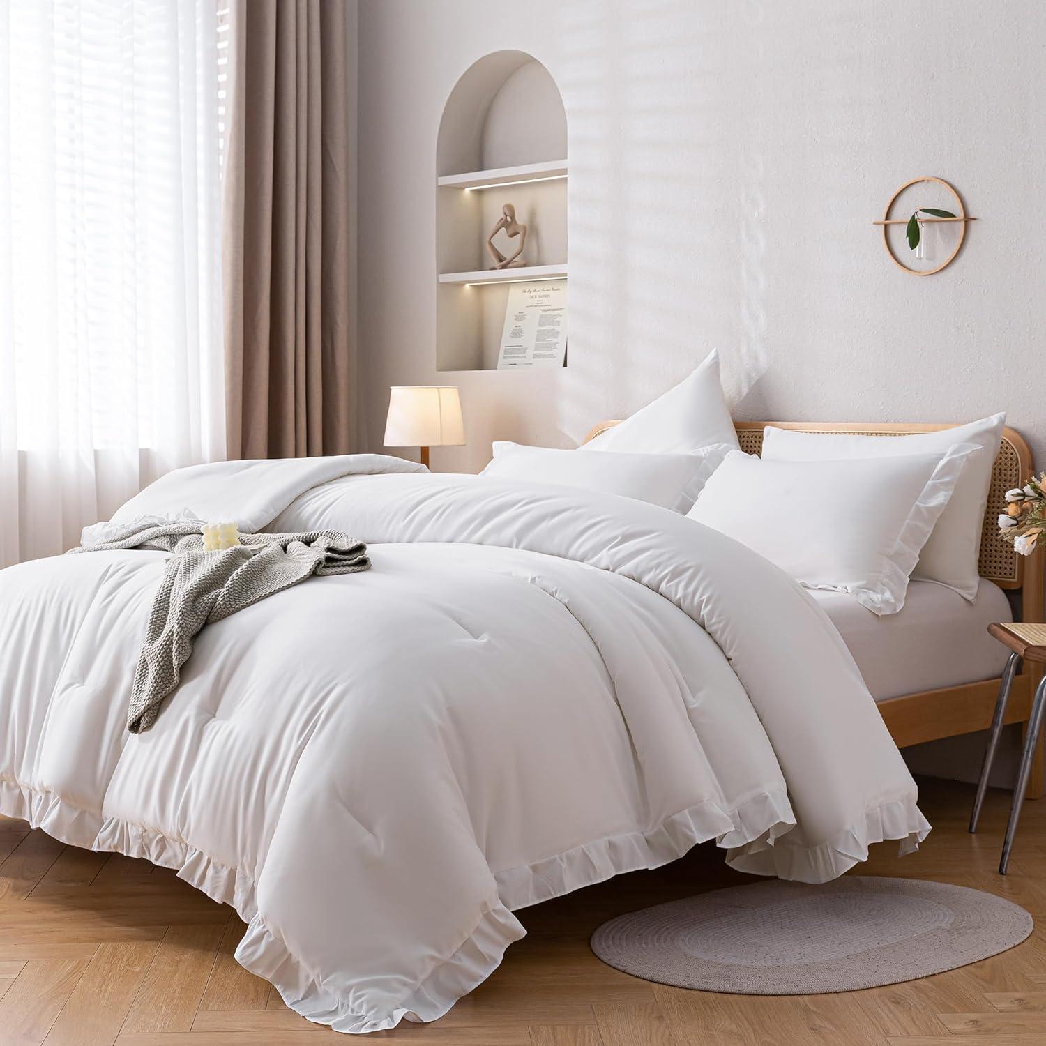 White Microfiber Queen Ruffle Comforter Set with Pillowcases