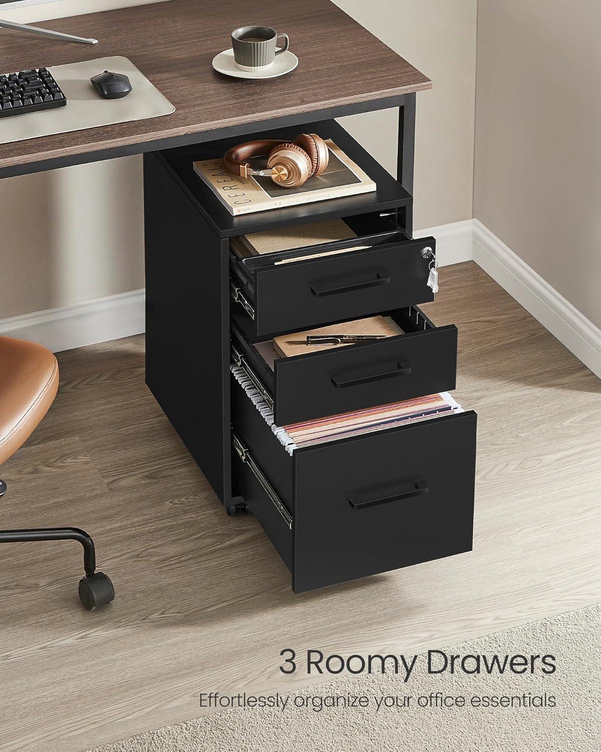 Matte Black Mobile 3-Drawer Lockable File Cabinet