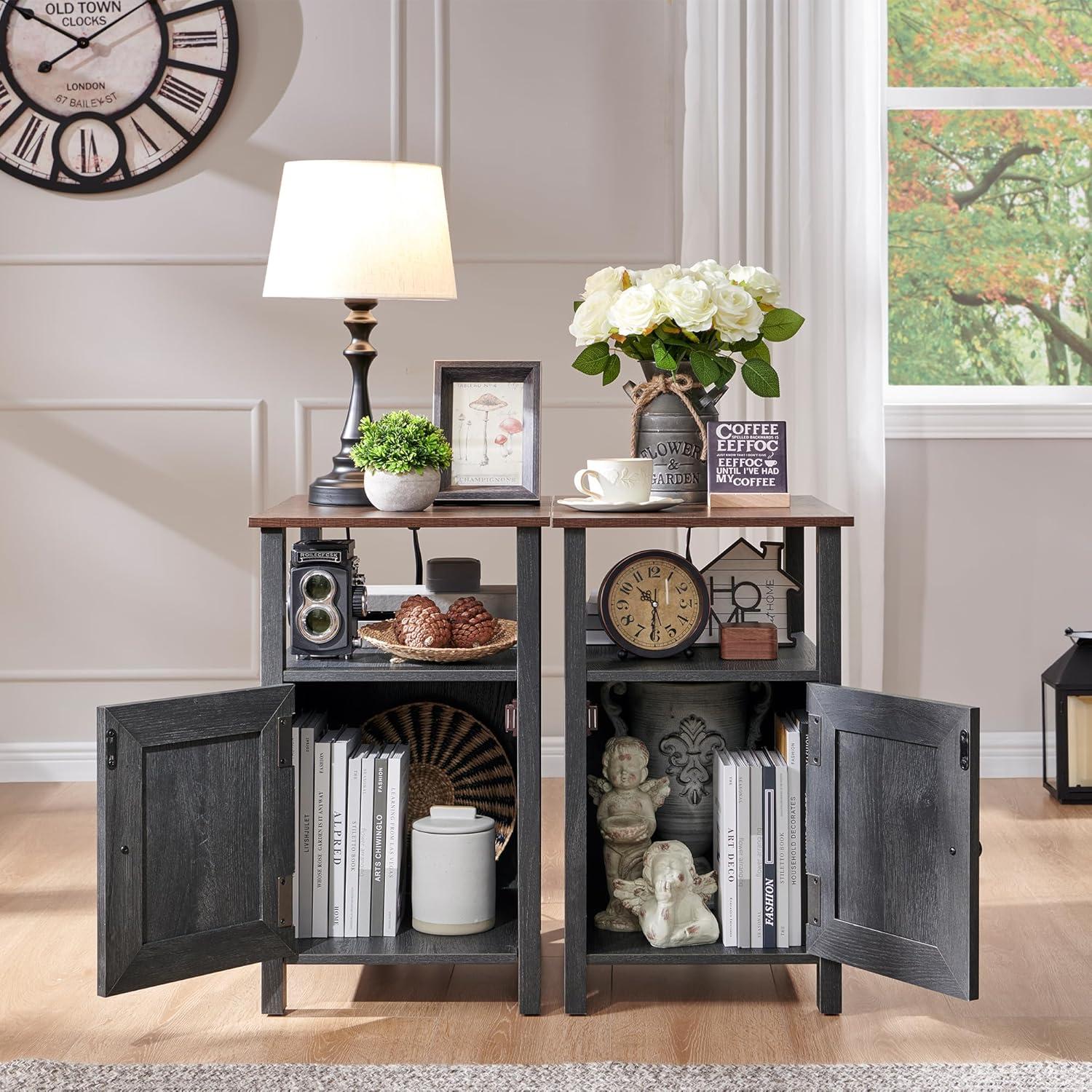 2 PCS Nightstand with Charging Station & Barn Door & Open Shelves，Farmhouse End Table for Bedroom, Living Room, Gray