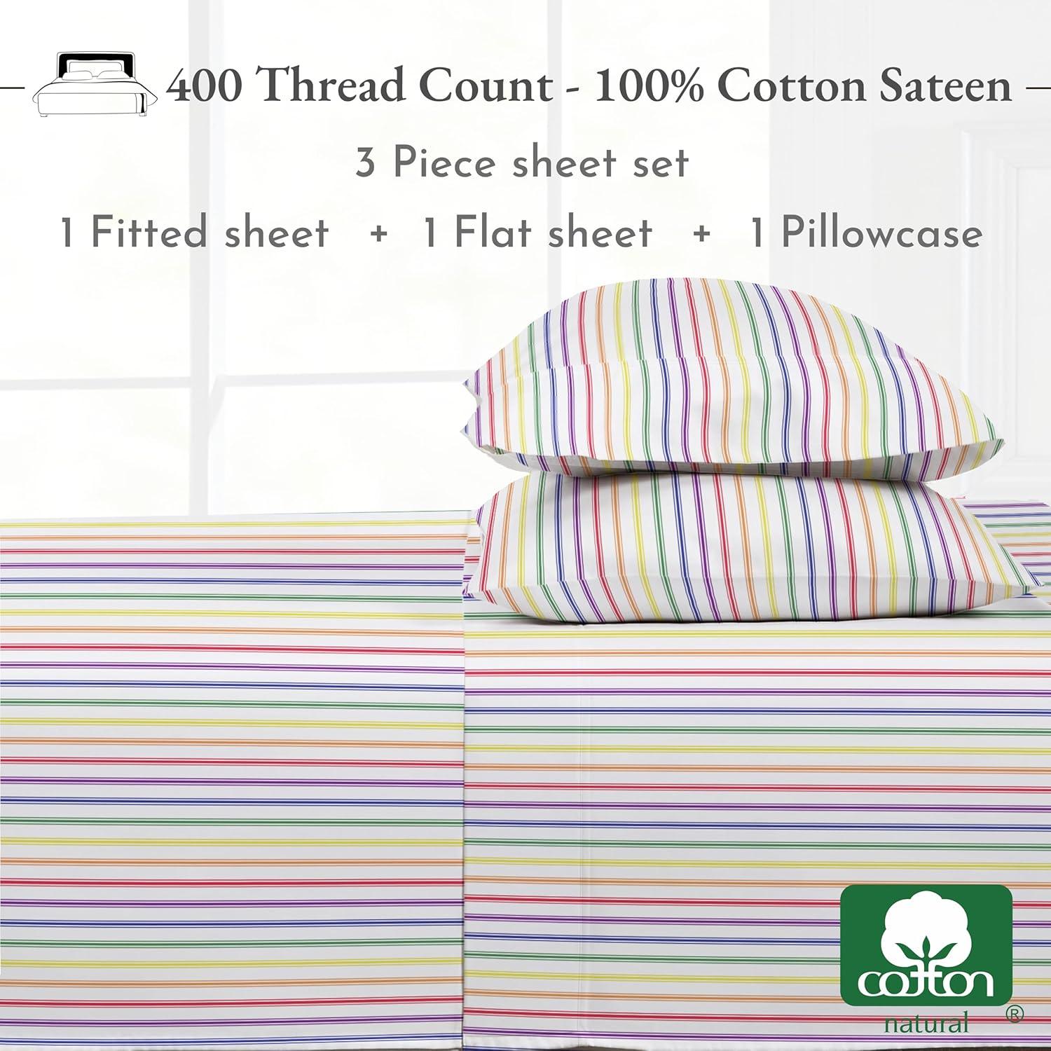 California Design Den Rainbow Stripe Twin Bed Sheets Set for College Dorms, Kids & Adults, Soft 100% Cotton