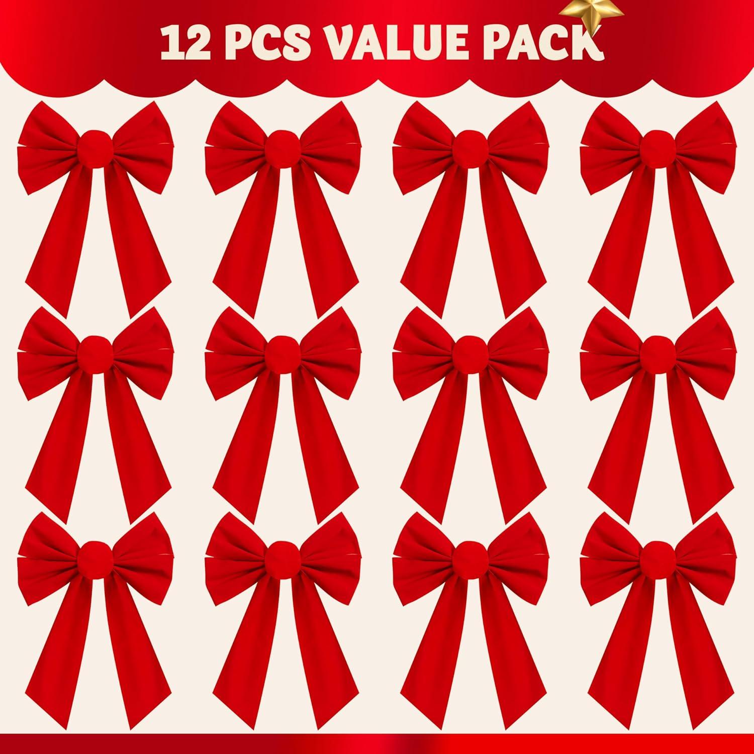 12 Pack Christmas Red Velvet Bows, 13" Long by 9" Wide Decorative Christmas Bows for Wreath Garland Christmas Tree Decor, Indoor Outdoor Holiday Decorations Cute