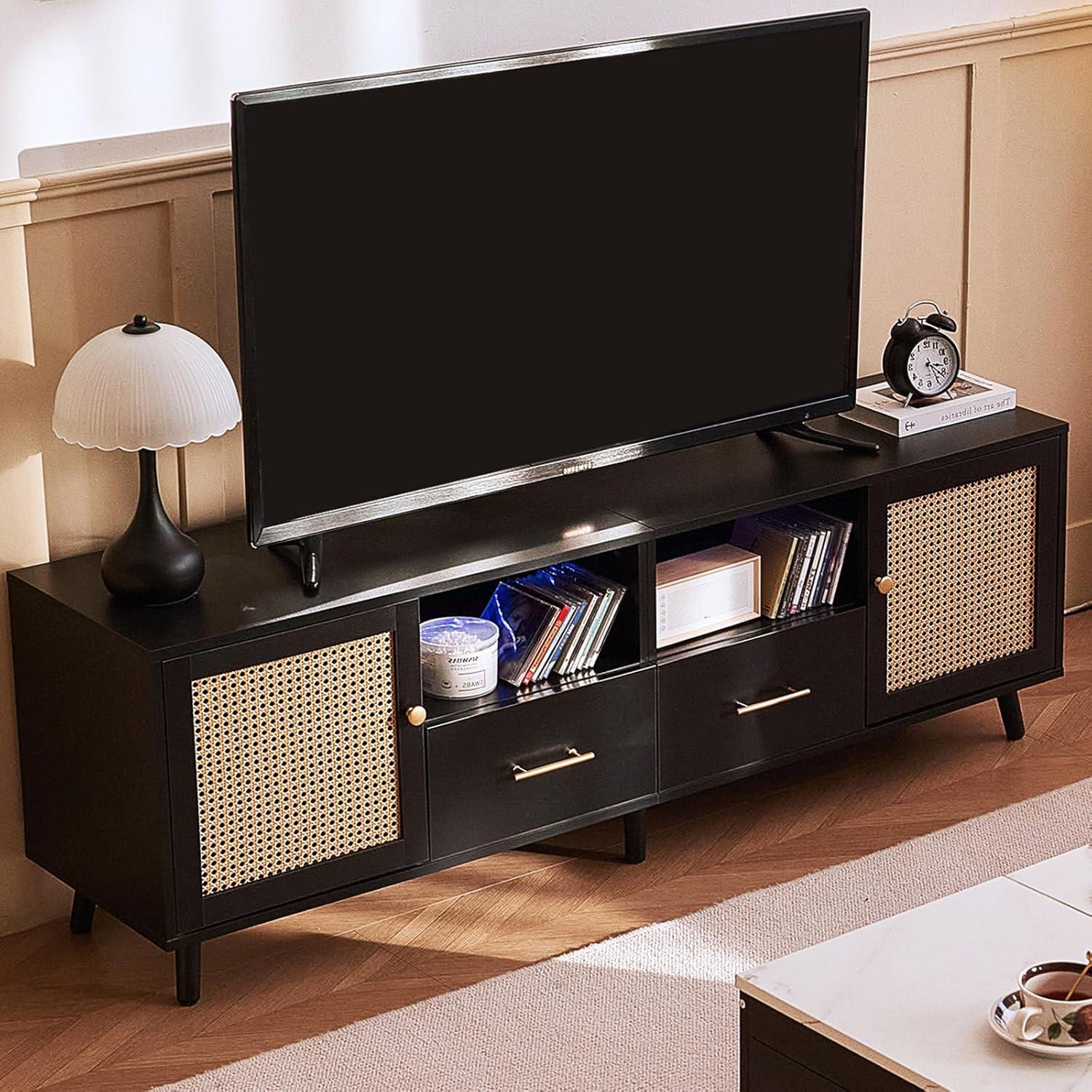 Bay Isle Home™ Heyer Large Wood Rattan TV Stand for TVs up to 75" with LED Light and Charging Station, Coastal Media Console Table, Multimedia Storage Furniture with 2 Drawers, Lighting TV Cabinet