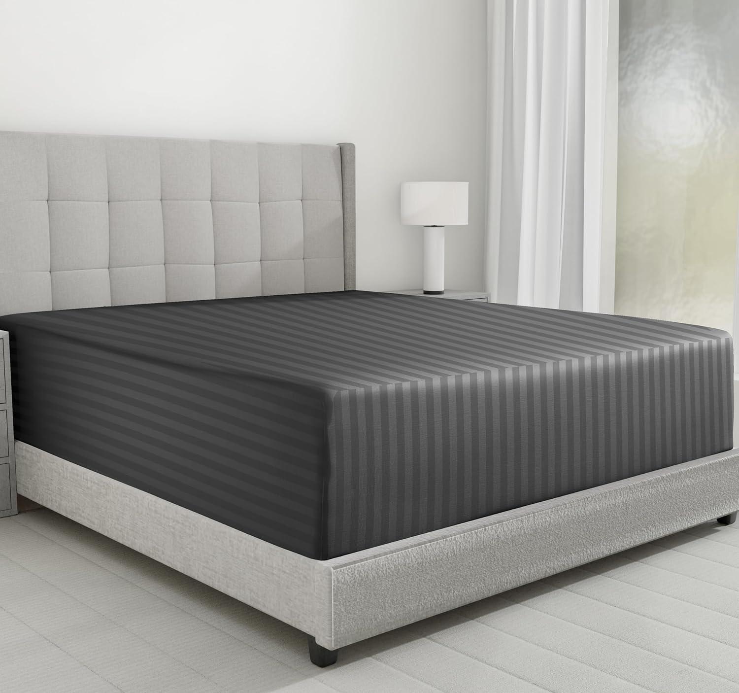 Fitted Sheet Only, Striped 500 Thread Count 100% Cotton Sateen, Deep Pocket by California Design Den - Stripe - Grey, Queen