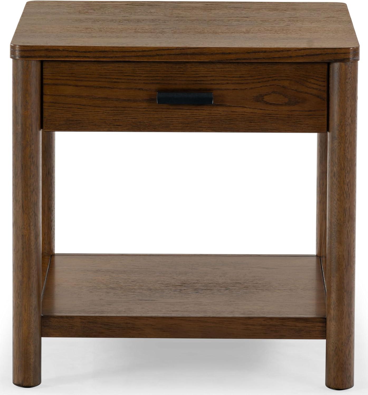 Medium Oak Wood and Metal End Table with Storage Drawer