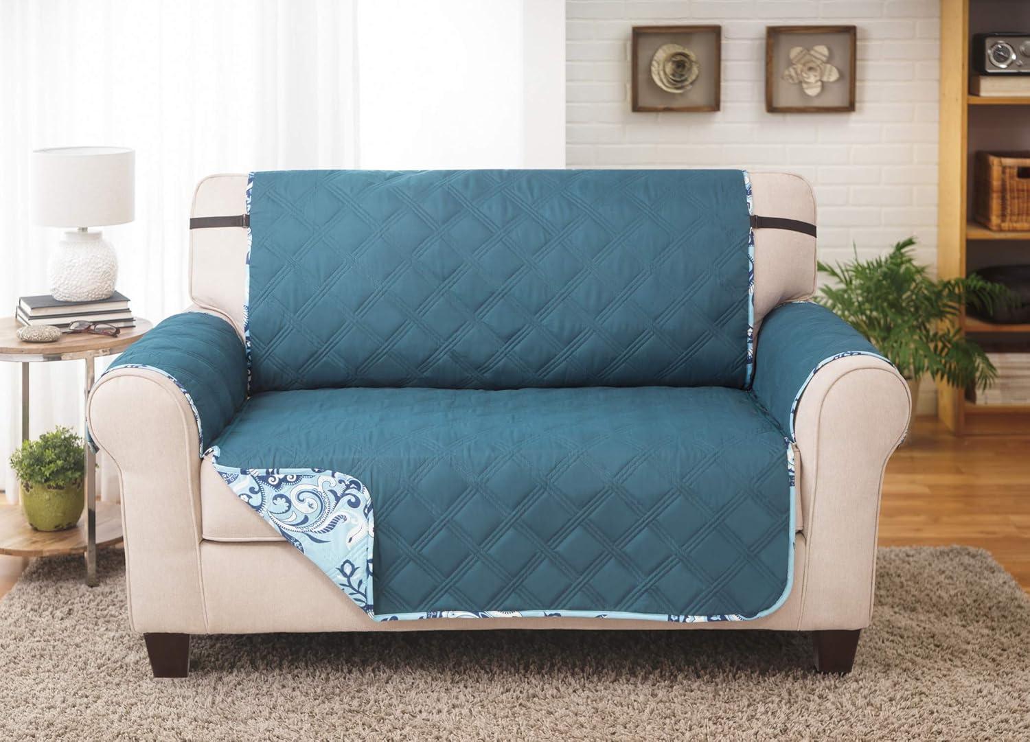 Jory Blue Modern Quilted Loveseat Slipcover with Elastic Strap