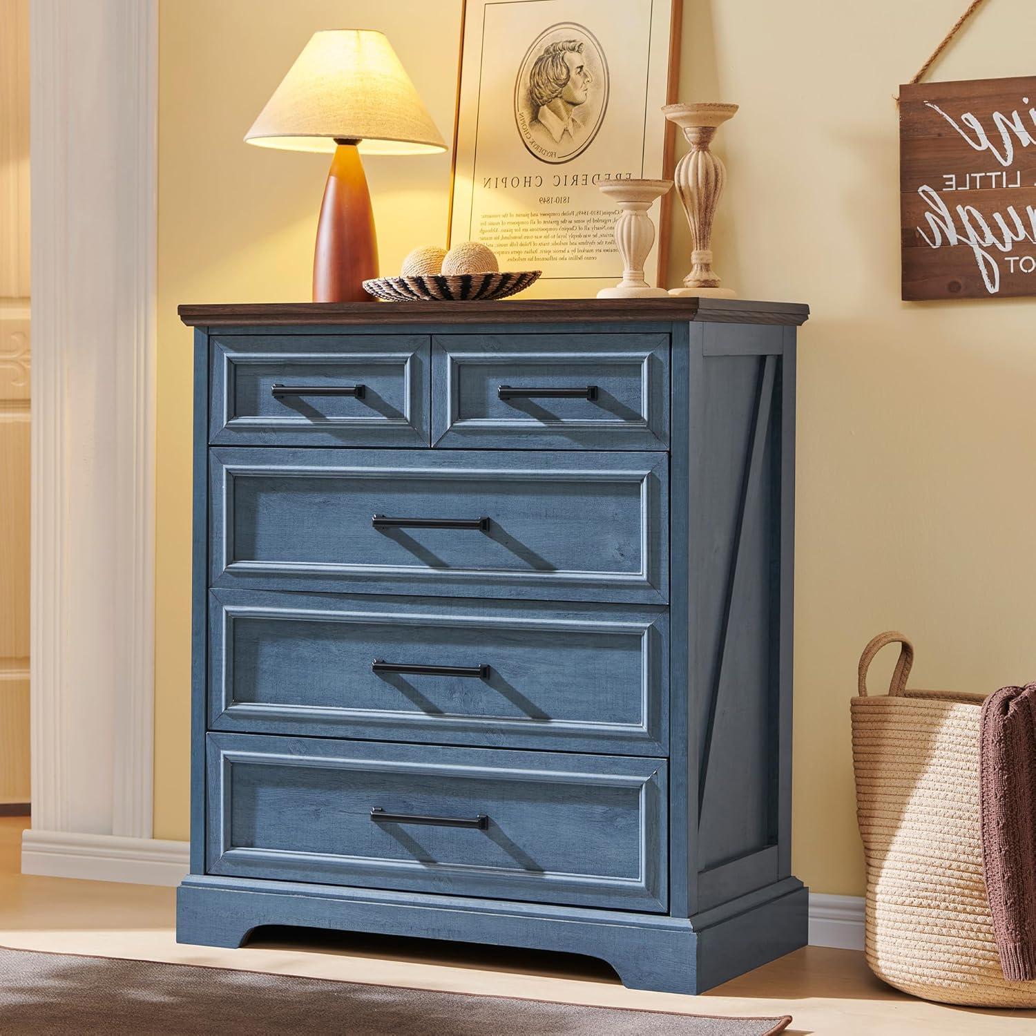 Blue Farmhouse 36" Tall Rustic Wood 5-Drawer Dresser