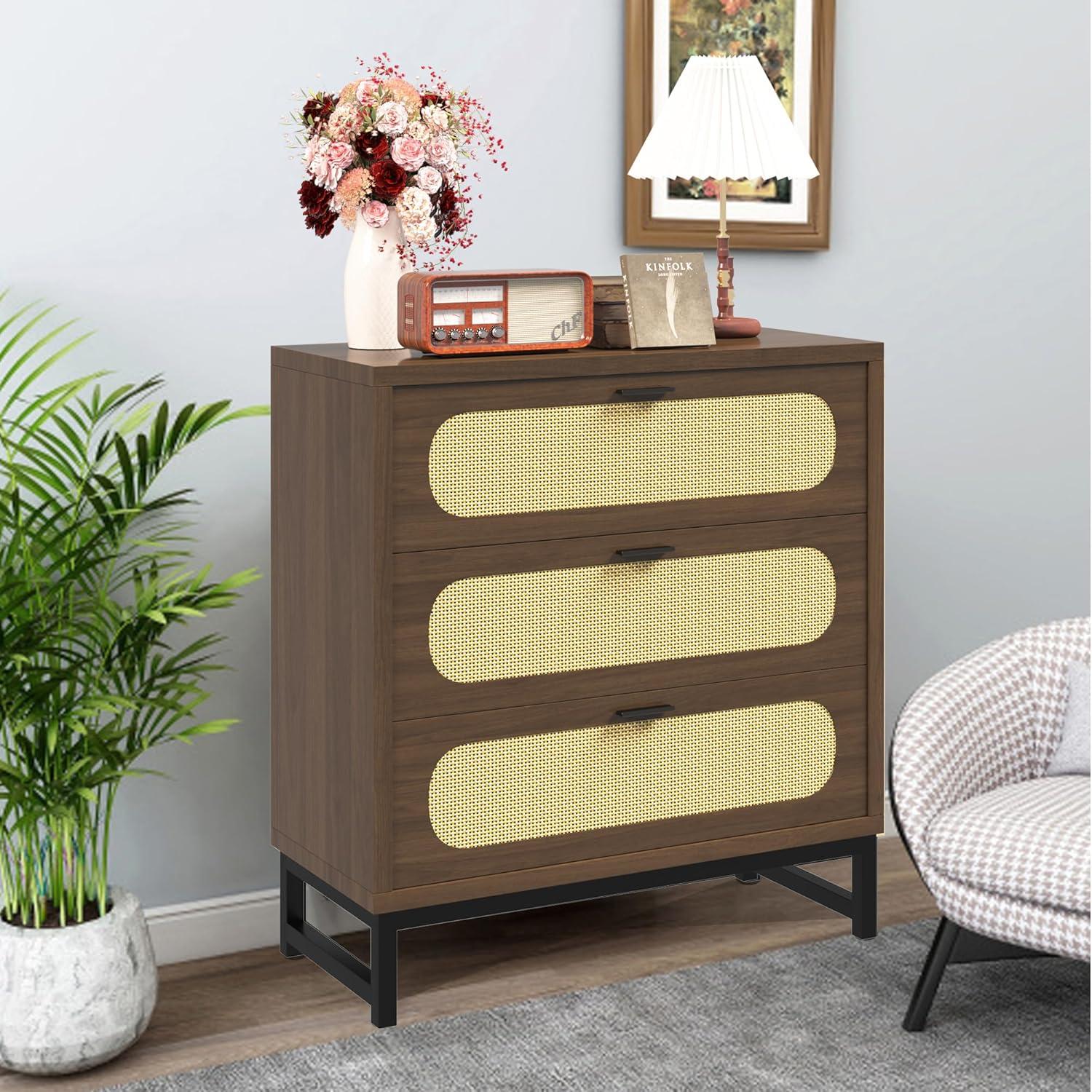 3 Drawer Dresser for Bedroom, Wide Modern Wooden Chest of Drawers, Accent Storage Cabinet Modern Bedside Table Golden Handles for Living Room, Entryway (Walnut Oak)