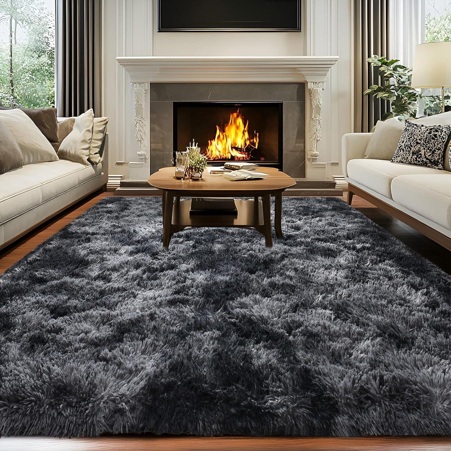 6' x 9' Black and Grey Abstract Shag Rug