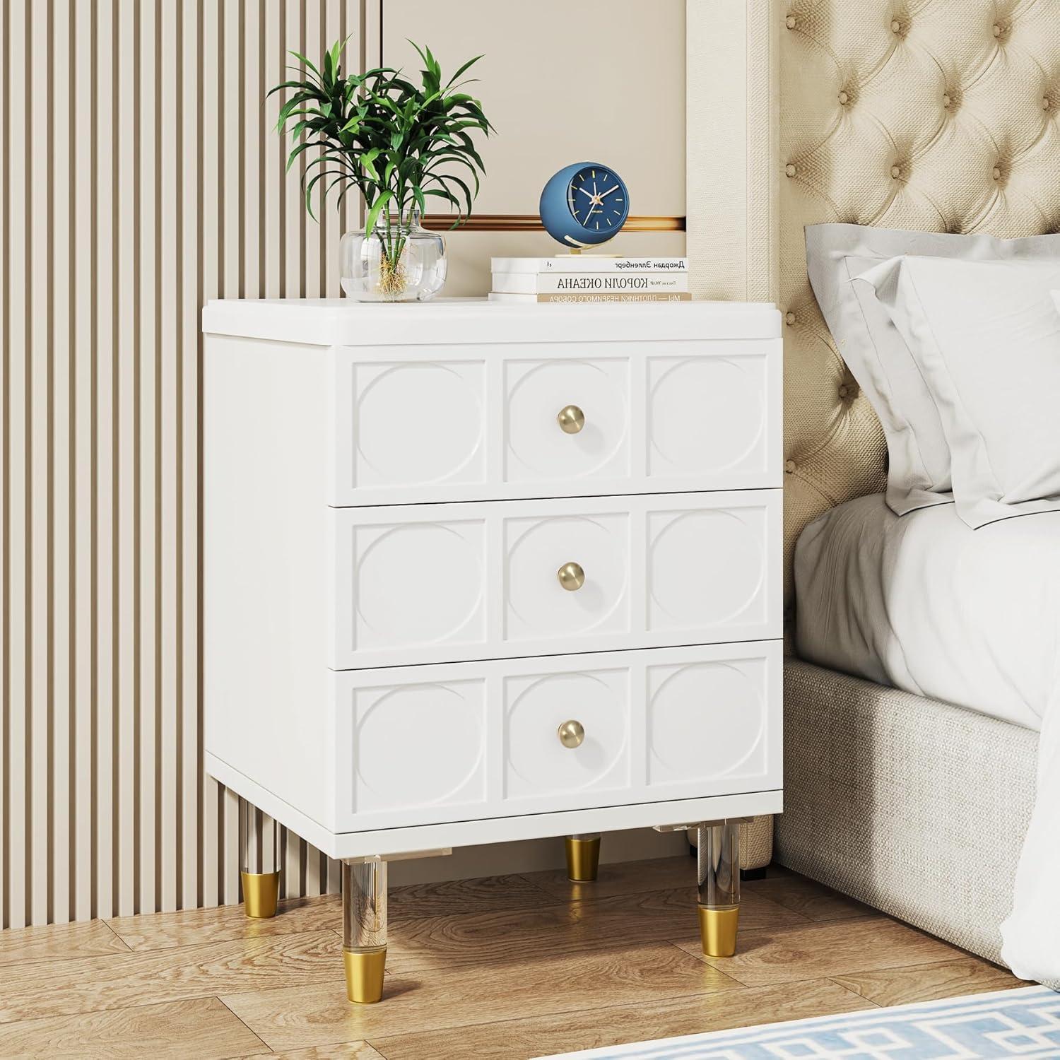 White Gold Nightstand Bedside Table with 3 Drawers White+Gold