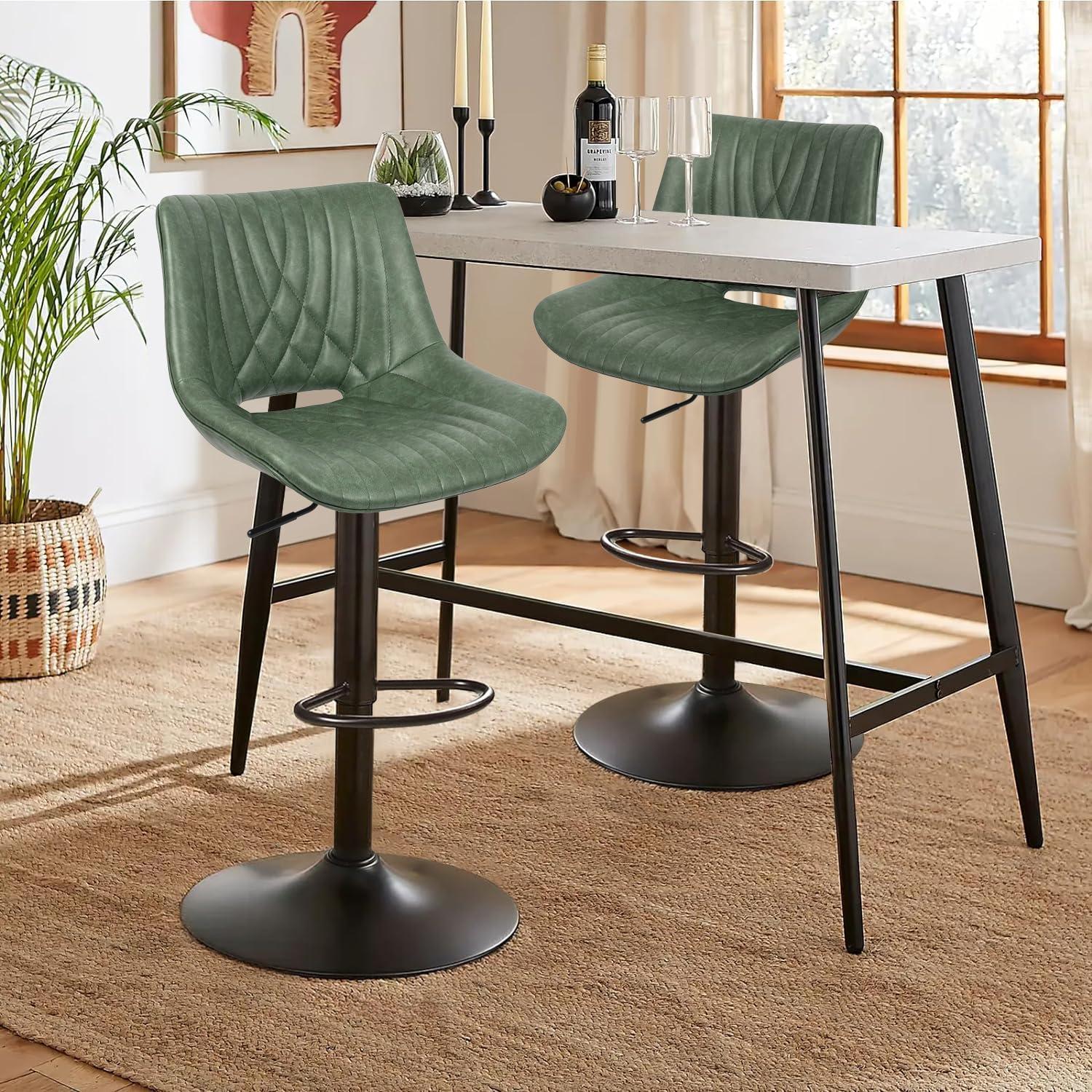 Restworld Set of 2 Modern Adjustable Bar Stools,Faux Leather Swivel Counter Stools with Sturdy Large Base, Ideal for Kitchen and Dining Areas,Green